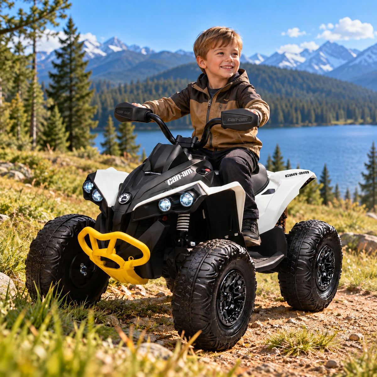 White Can-Am Renegade 24V Ride-On ATV – Young Boy Riding the One Seater Kids 4 Wheeler by a Mountain Lake