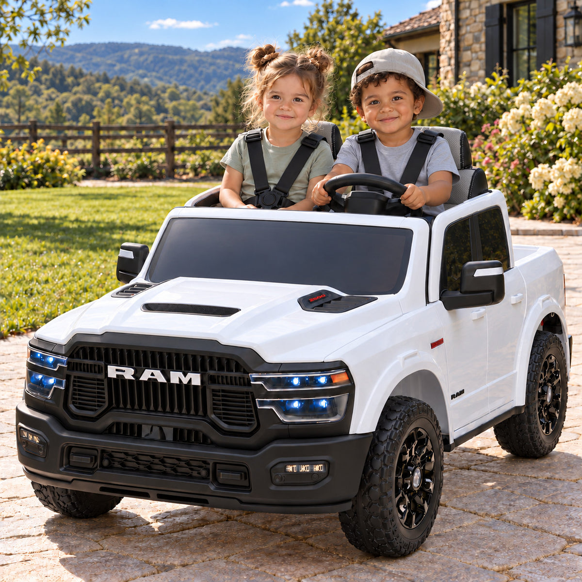 White Dodge Ram 2500 Rebel 24V Kids 2 Seater Ride-On Truck, Boy and Girl Driving on a Driveway