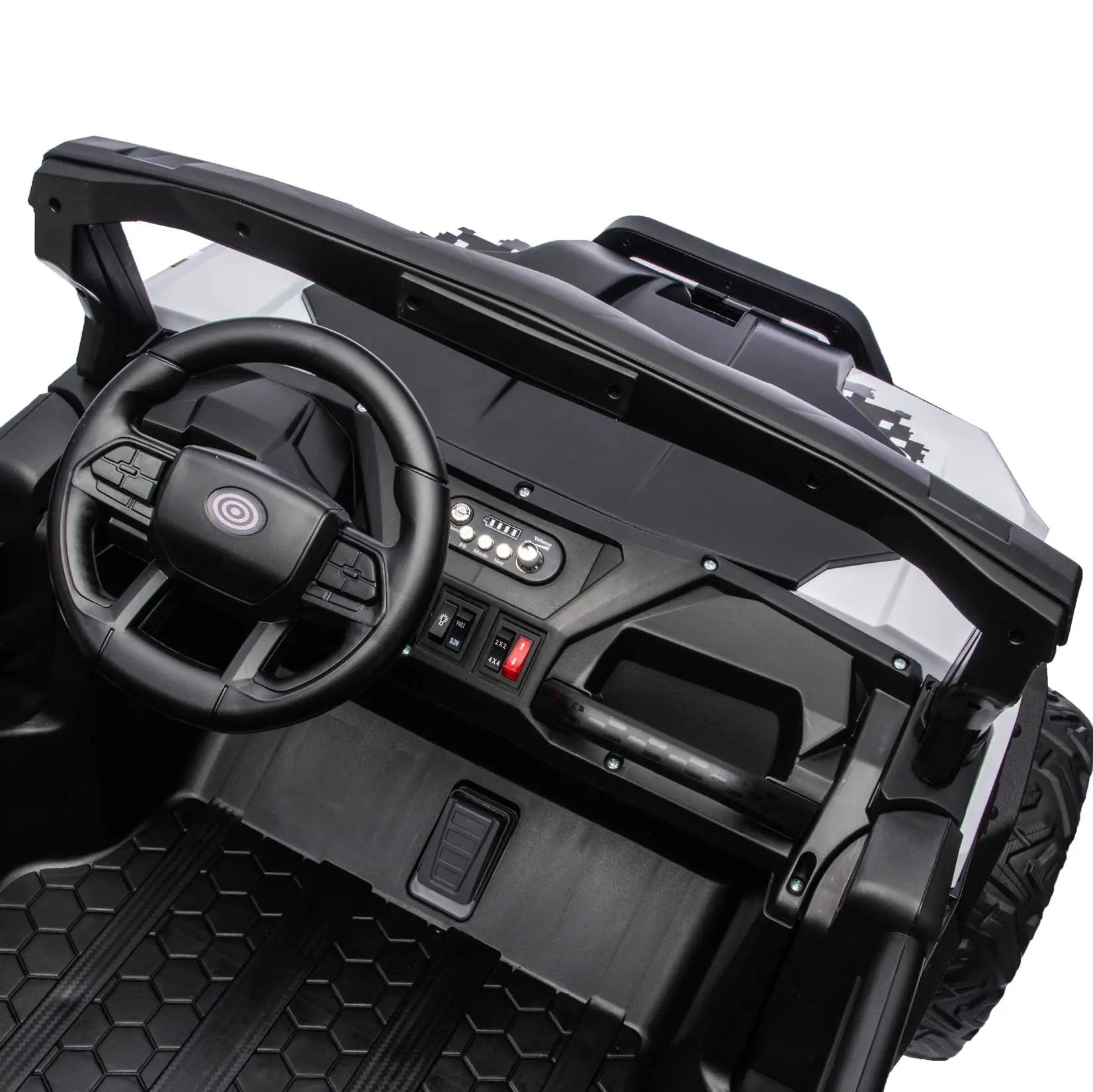 White Trail Rider 24V 4WD kids electric ride-on UTV, interior legroom view with LED headlights, dashboard and dual seats