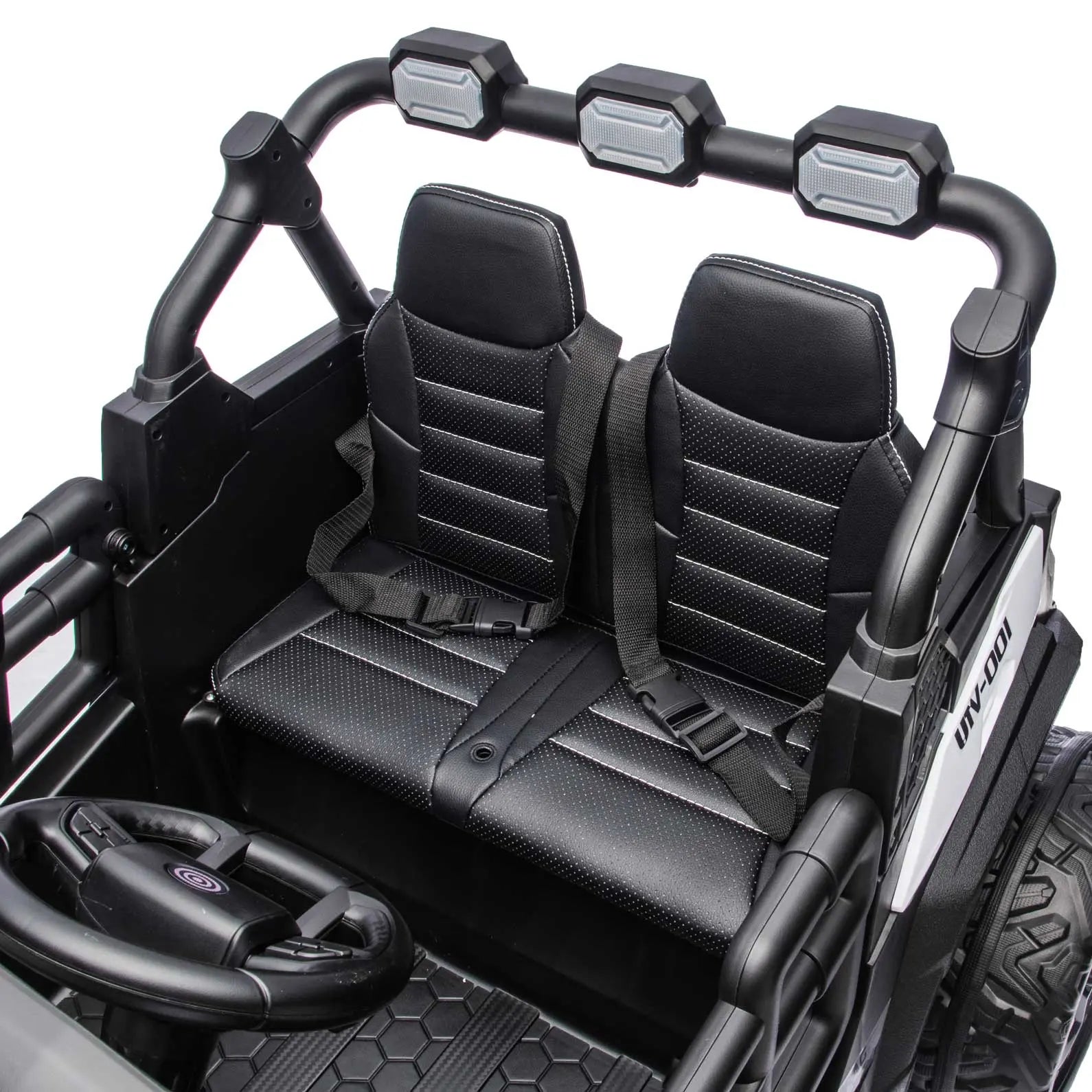 White Trail Rider 24V 4WD kids electric ride-on UTV, interior view with LED headlights and dual seats