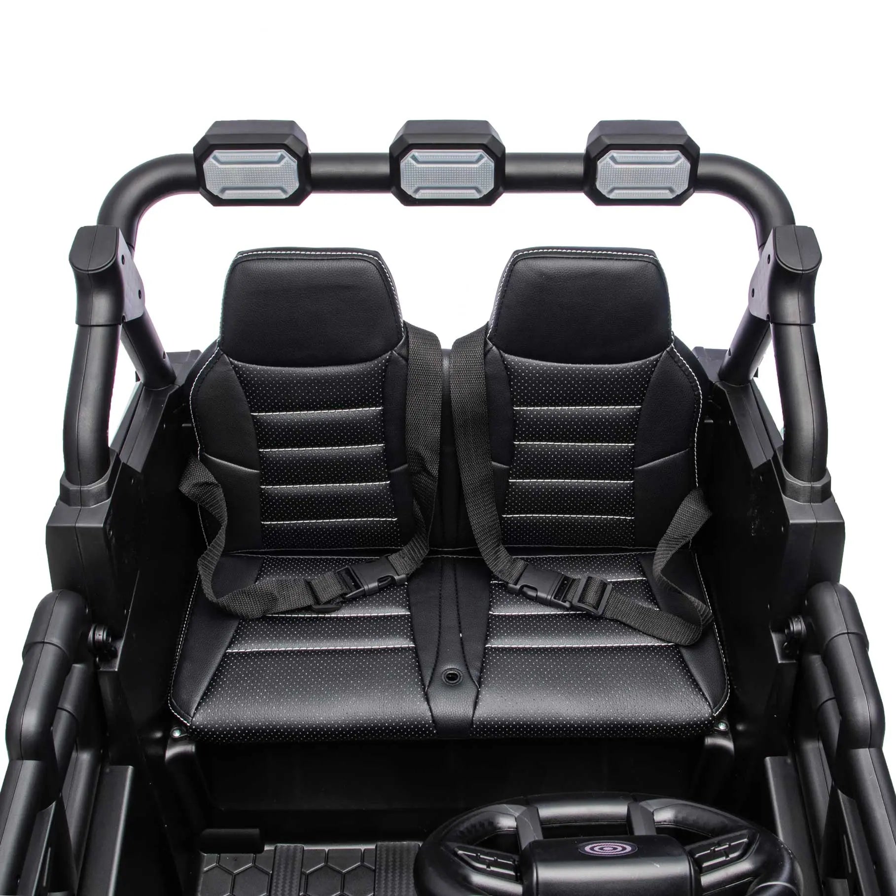 White Trail Rider 24V 4WD kids electric ride-on UTV, interior view with LED headlights and dual seats