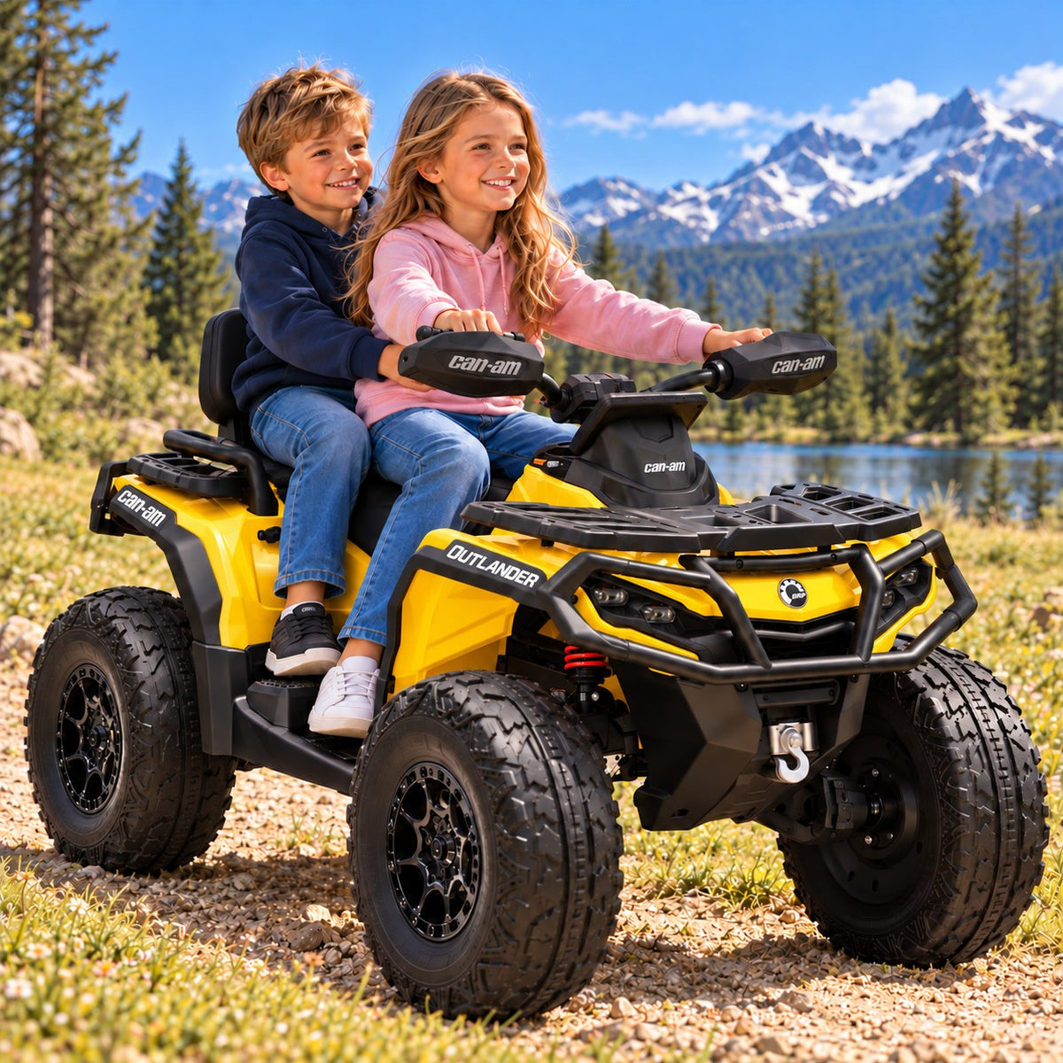 Yellow Can-Am Outlander 24V Kids 4 Wheeler – A Boy and Girl Riding the Two-Seater Ride-On ATV by a Mountain Lake