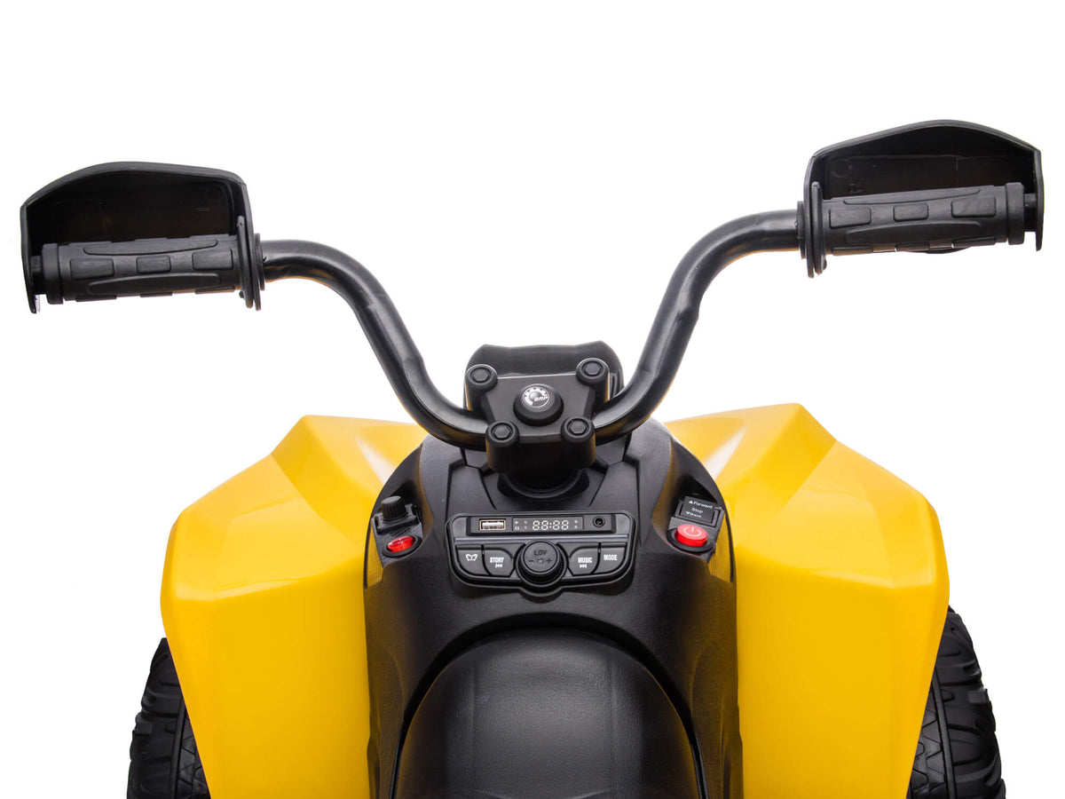 Yellow Can-Am Renegade 24V Kids ATV Handlebars and Control Panel from the Front