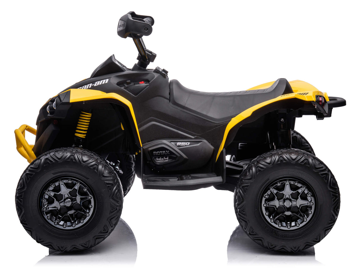 Left Side View of the Yellow Can-Am Renegade 24V Ride-On Quad for Kids