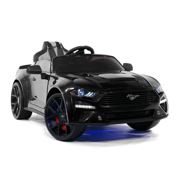 Black Ford Mustang GT 24V Kids Ride-On Car, Front Right View with Wheels Turned