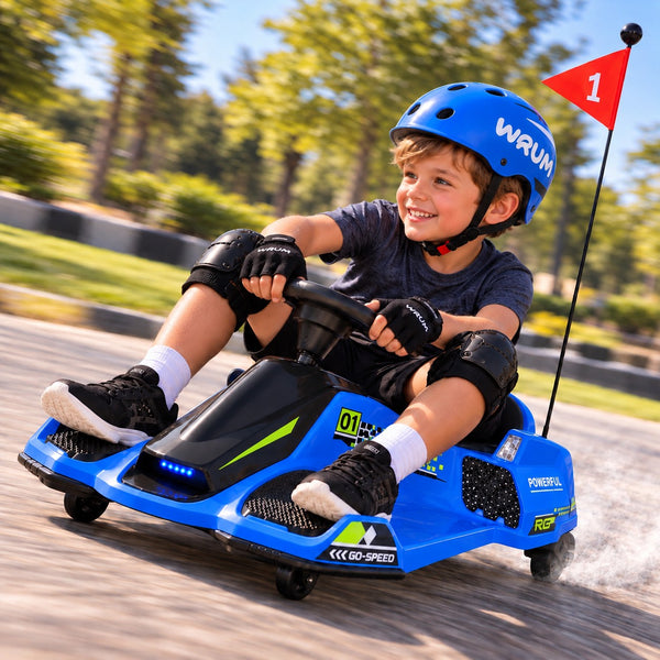Blue 360° Drift Glider 24V Electric Drift Kart for Kids – Young Boy in a Helmet Drifting the Kids Go Kart on a Paved Park Track