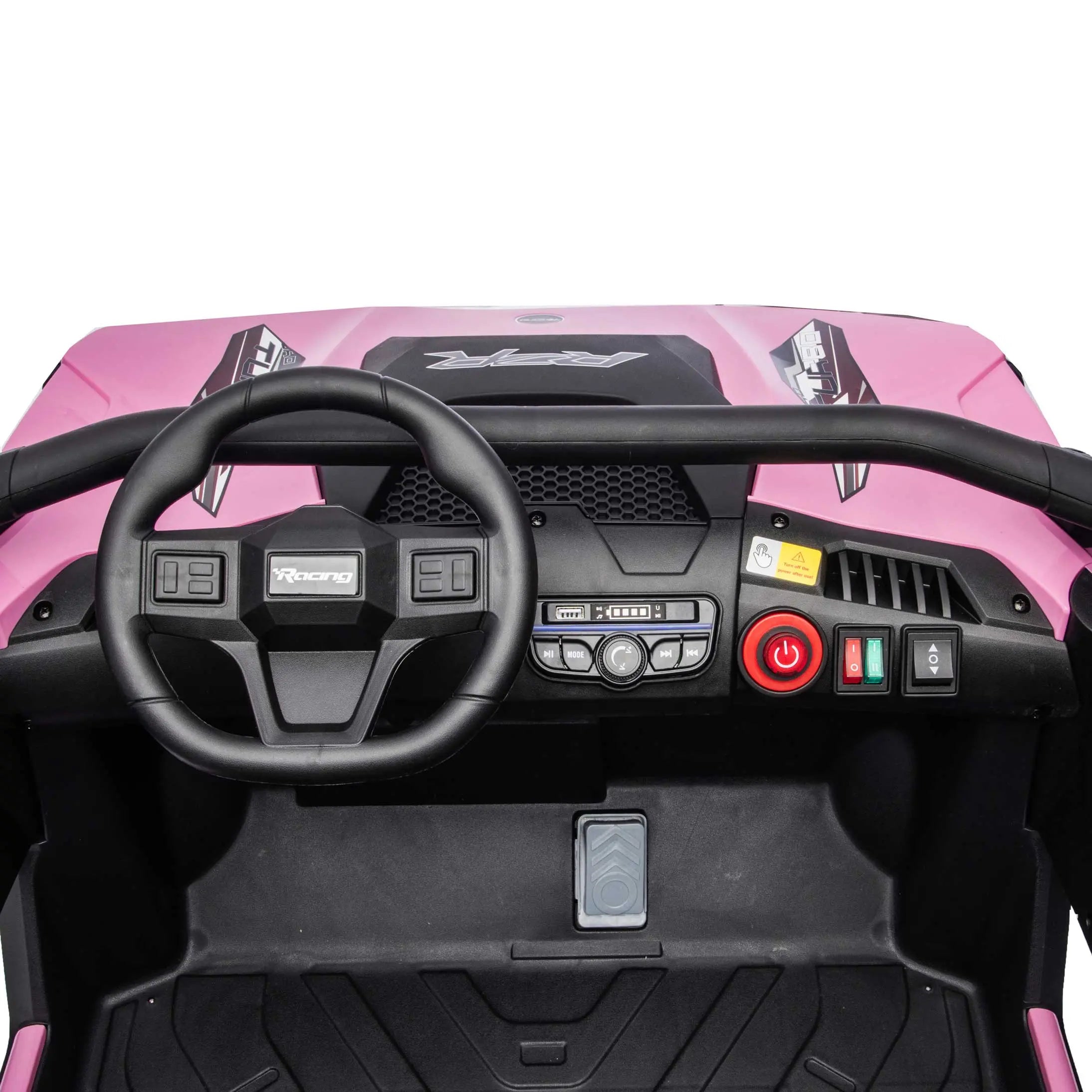 Pink Trail Runner 24V 4WD kids electric ride-on UTV, interior dashboard view with LED headlights and dual seats