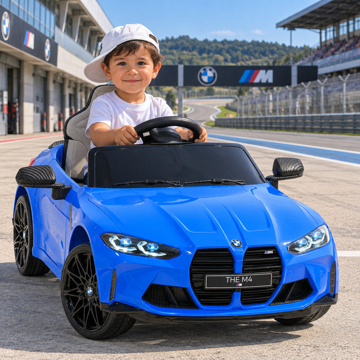 Blue BMW M4 12V Kids Ride-On Car with Parental Remote, Boy Driving on a Race Track