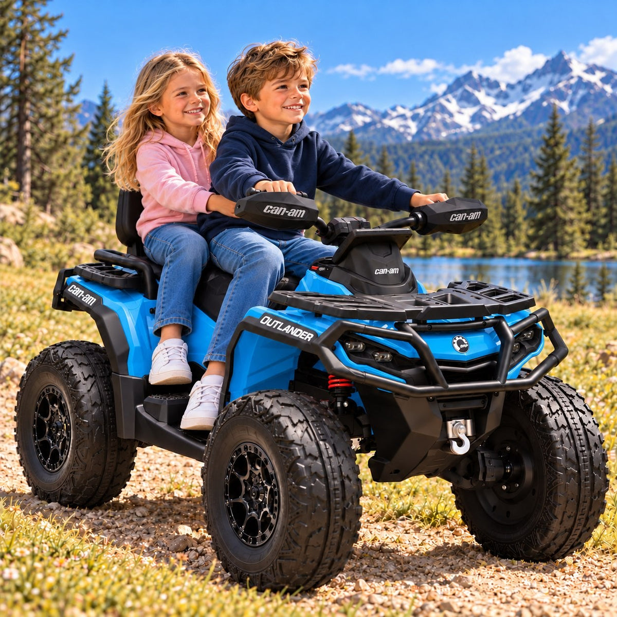 Blue Can-Am Outlander 24V Kids 4 Wheeler – A Boy and Girl Riding the Two-Seater Ride-On ATV by a Mountain Lake