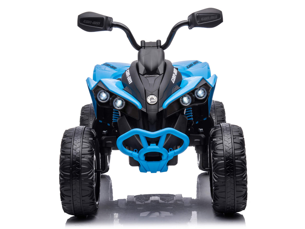 Blue Can-Am Renegade 24V 4WD Ride-On ATV for Kids, Front View with LED Lights On