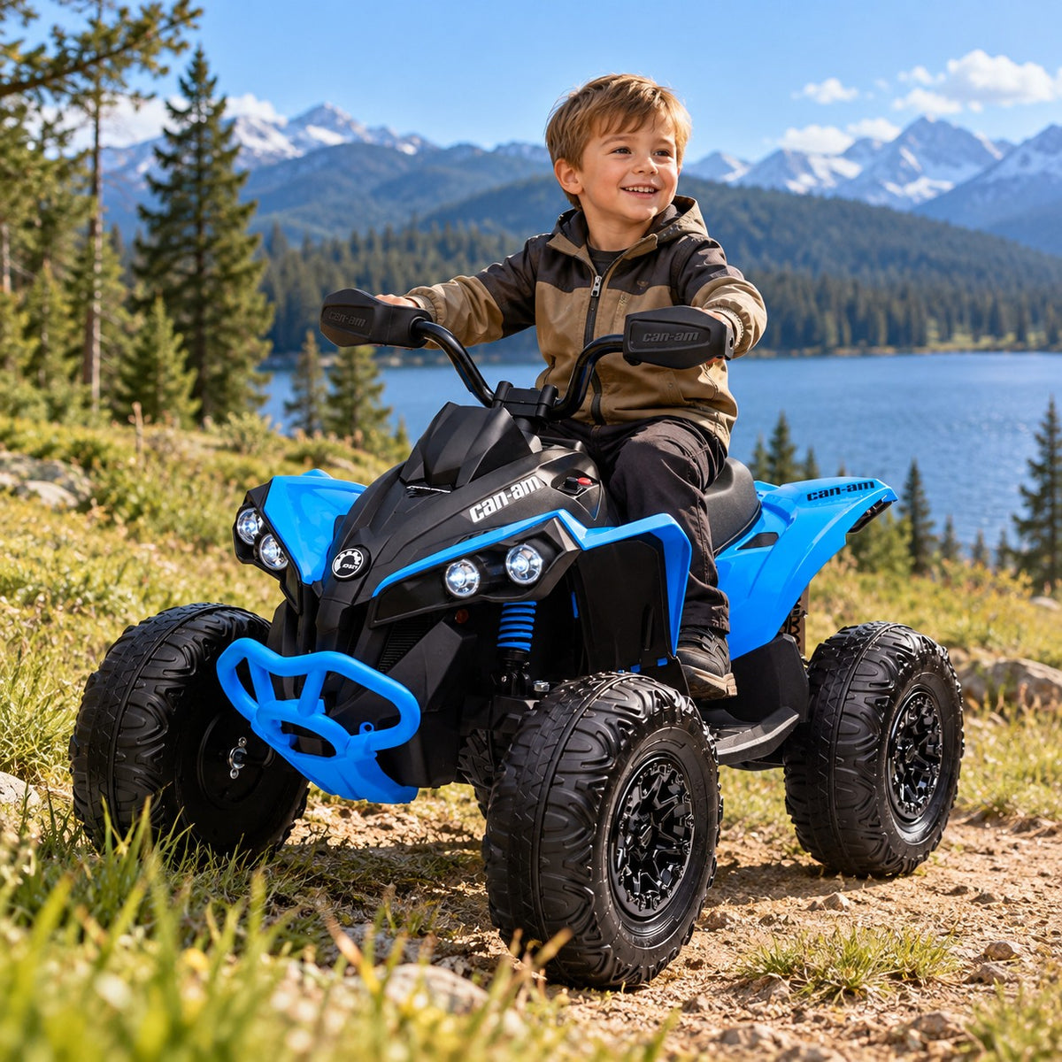 Blue Can-Am Renegade 24V Ride-On ATV – Young Boy Riding the One Seater Kids 4 Wheeler by a Mountain Lake