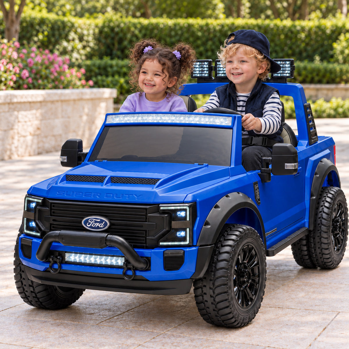 Blue Ford F450 Custom Edition 24V Kids Ride-On Truck, Two Seat Lifestyle Photo of Two Toddlers Driving