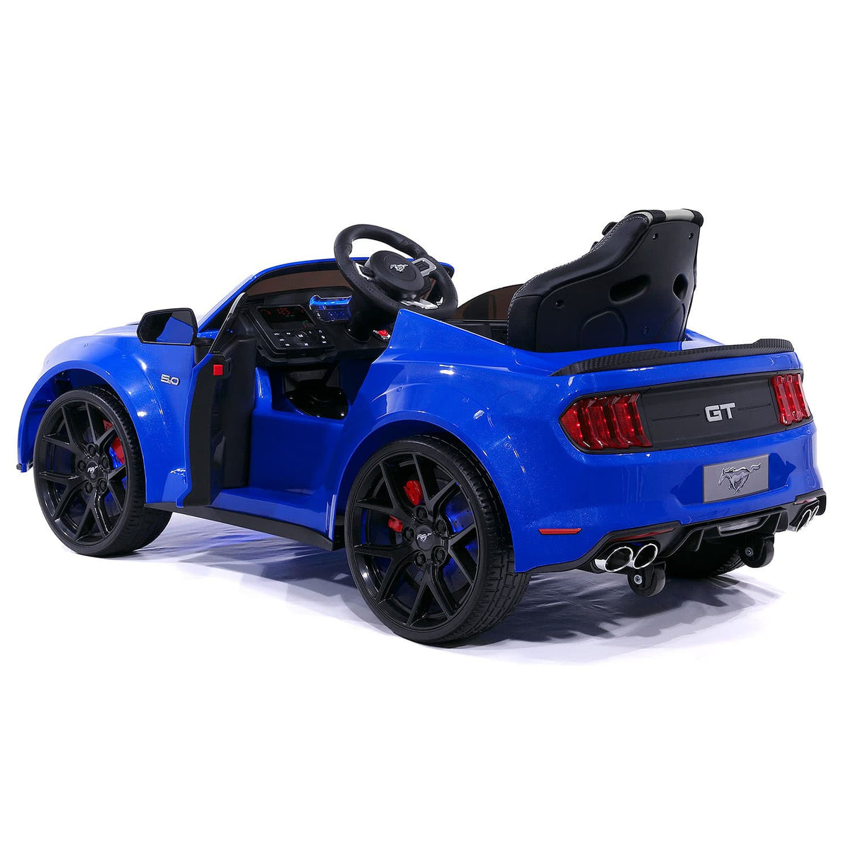 Blue Mustang GT Custom Edition Kids Car, Rear Left Angle with Door Open