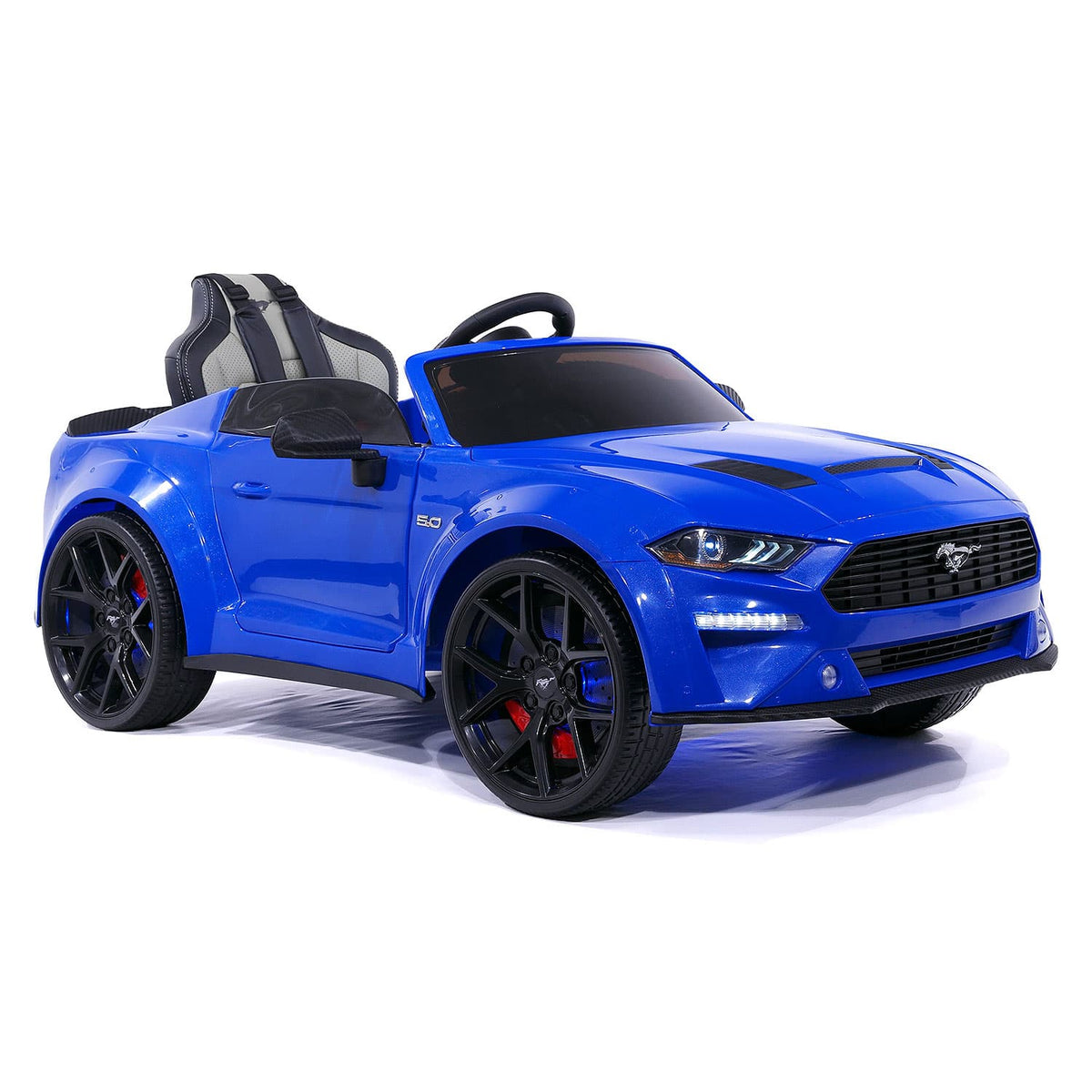 Blue Ford Mustang GT Kids Ride-On Car with Underbody LED Lights, Front Right View