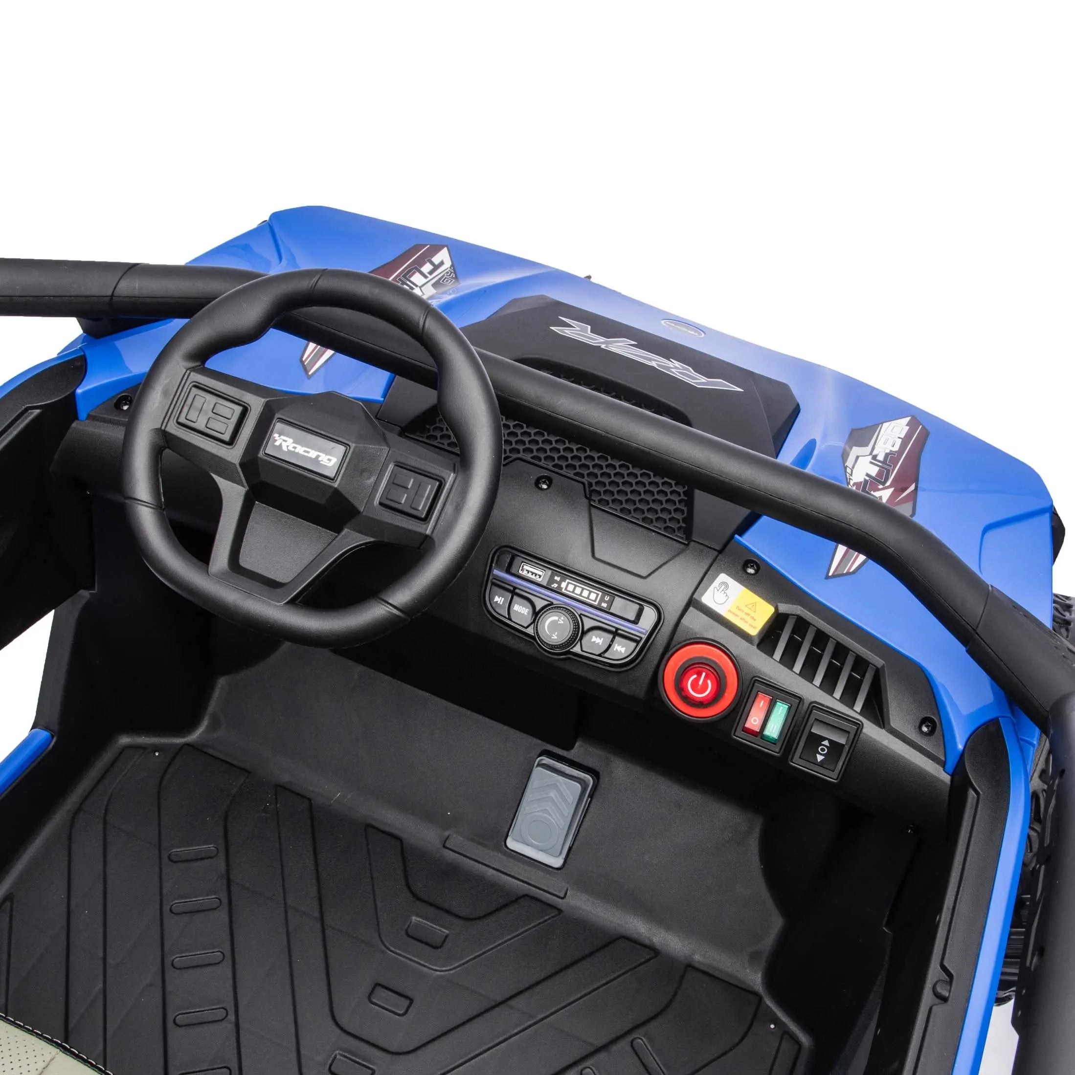 Blue Trail Runner 24V 4WD kids electric ride-on UTV, interior legroom view with LED headlights, dashboard and dual seats