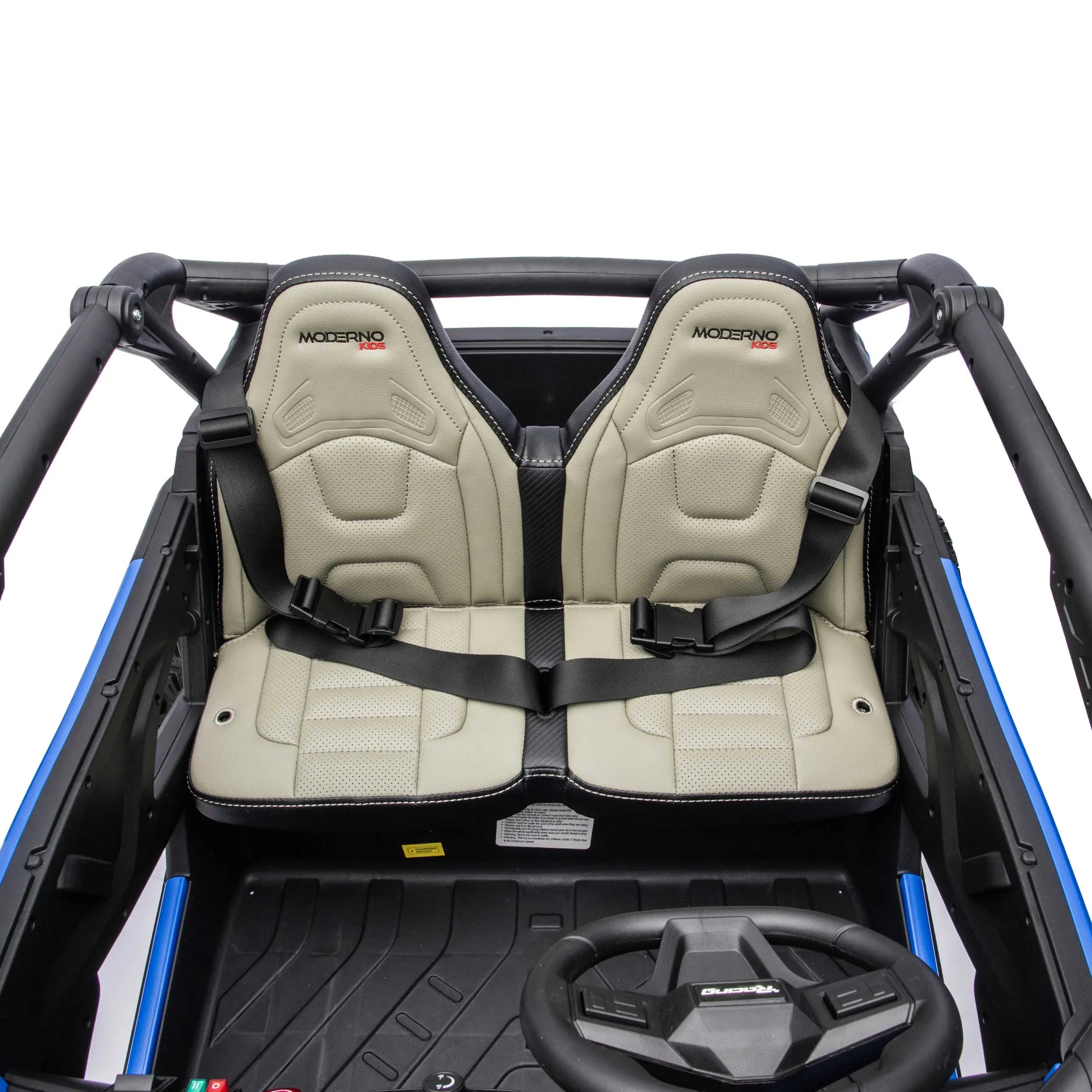 Blue Trail Runner 24V 4WD kids electric ride-on UTV, interior view with LED headlights and dual seats
