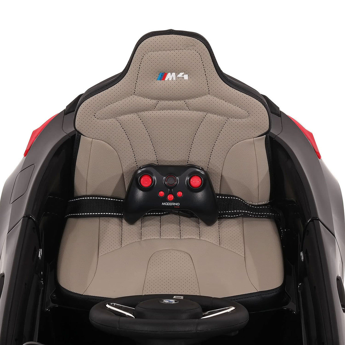 Perforated Vegan Leather Seat with Seat Belt and Parental Remote in the BMW M4 12V Ride-On Car