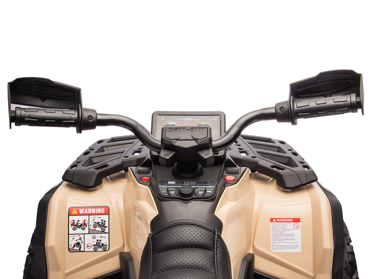 Rider View of the Handlebars on the Desert Tan Can-Am Outlander 24V Kids ATV
