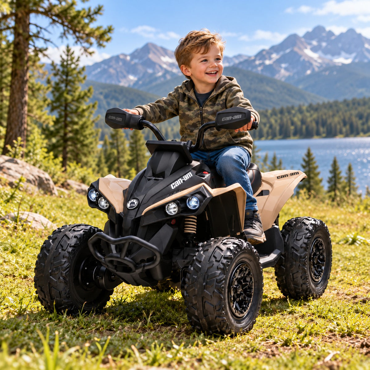 Desert Tan Can-Am Renegade 24V Ride-On ATV – Young Boy Riding the One Seater Kids 4 Wheeler by a Mountain Lake