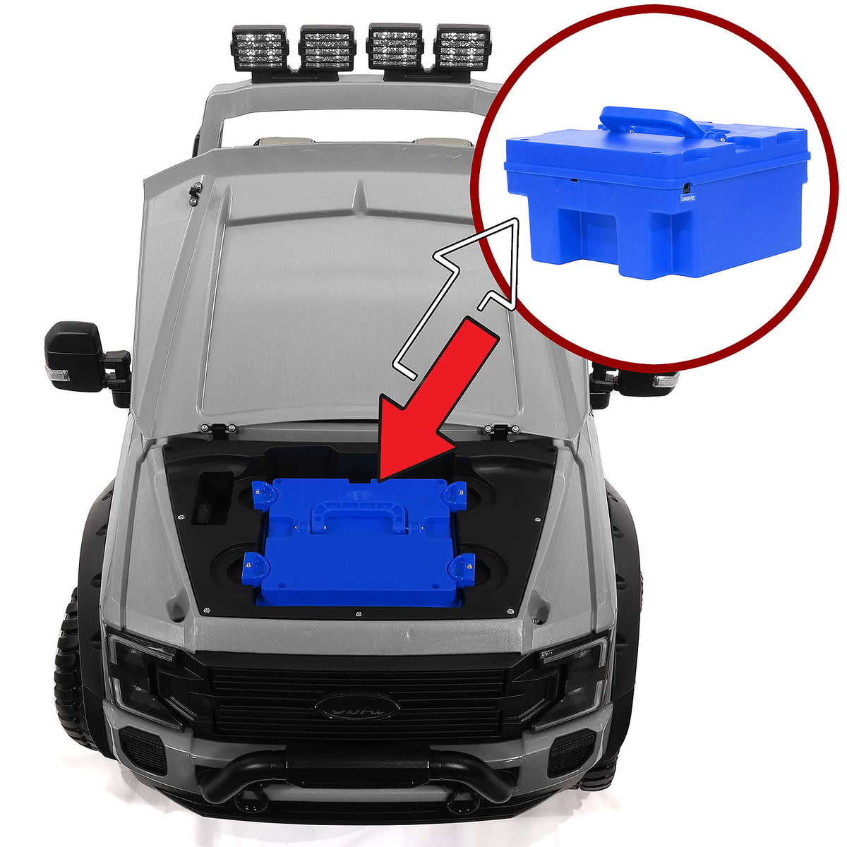 Diagram Showing Where the 24V 10Ah Battery Fits Under the Hood of the Ford F450 Kids Ride-On