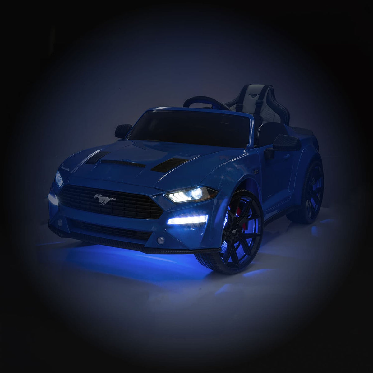 Night View of the Ford Mustang GT Custom Edition Kids Car with LED Lights On