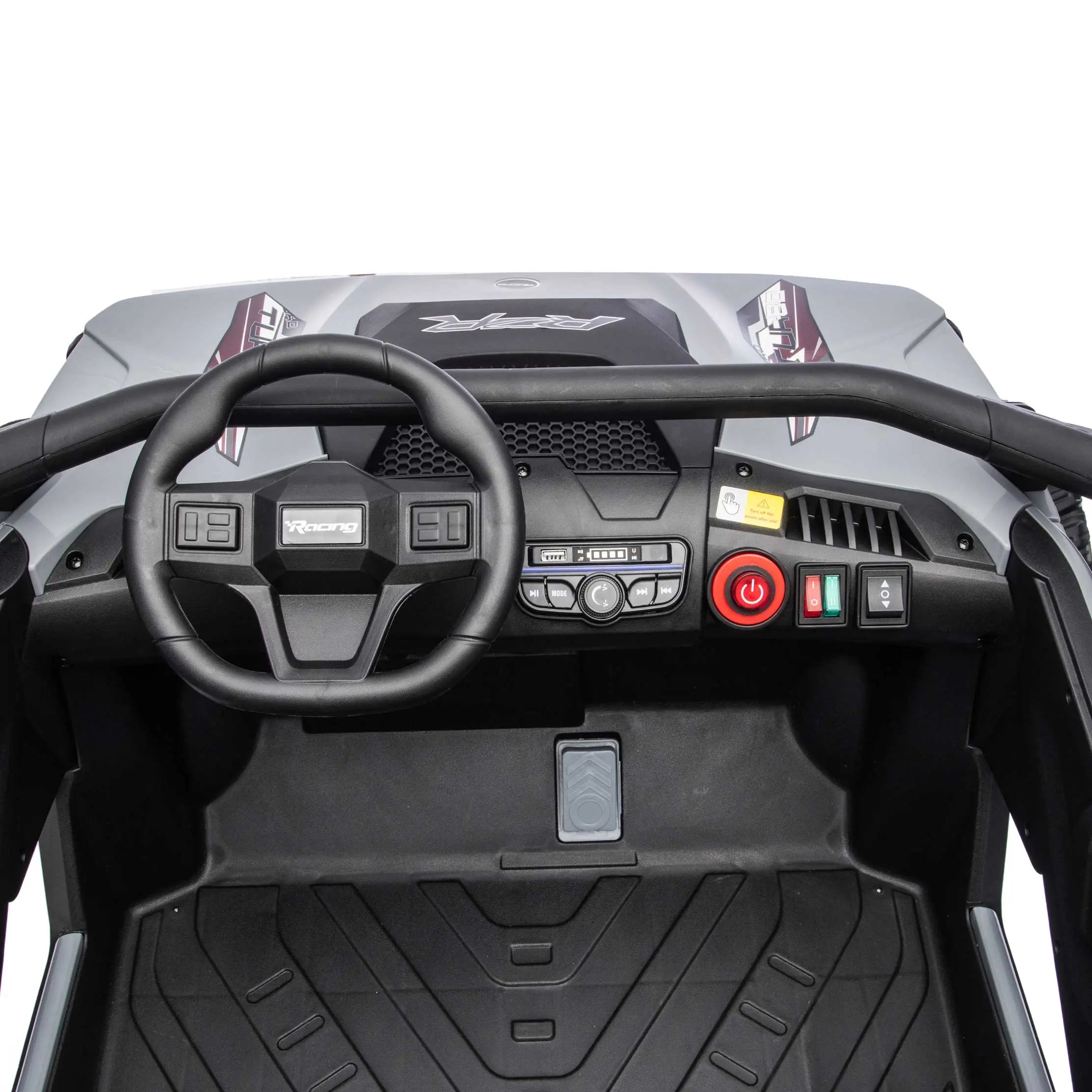Gray Trail Runner 24V 4WD kids electric ride-on UTV, interior dashboard view with LED headlights and dual seats
