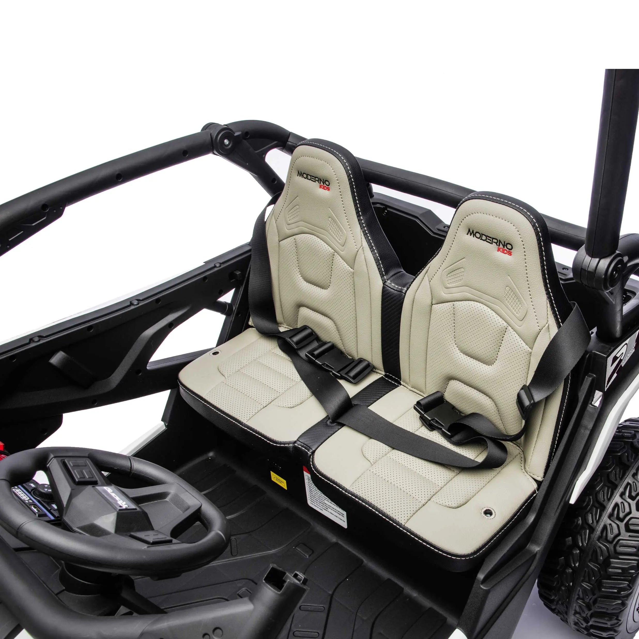 Gray Trail Runner 24V 4WD kids electric ride-on UTV, interior view with LED headlights and dual seats