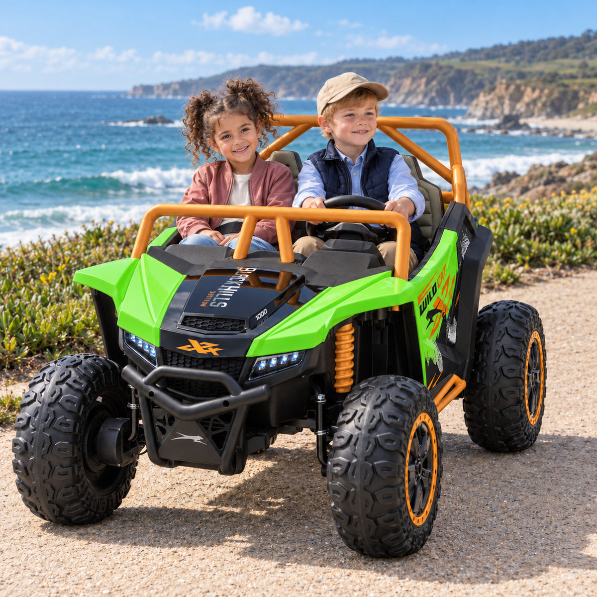Green Arctic Cat XL 24V 4WD Two Seat Kids UTV Side by Side, Lifestyle Photo of Two Kids Riding by the Ocean