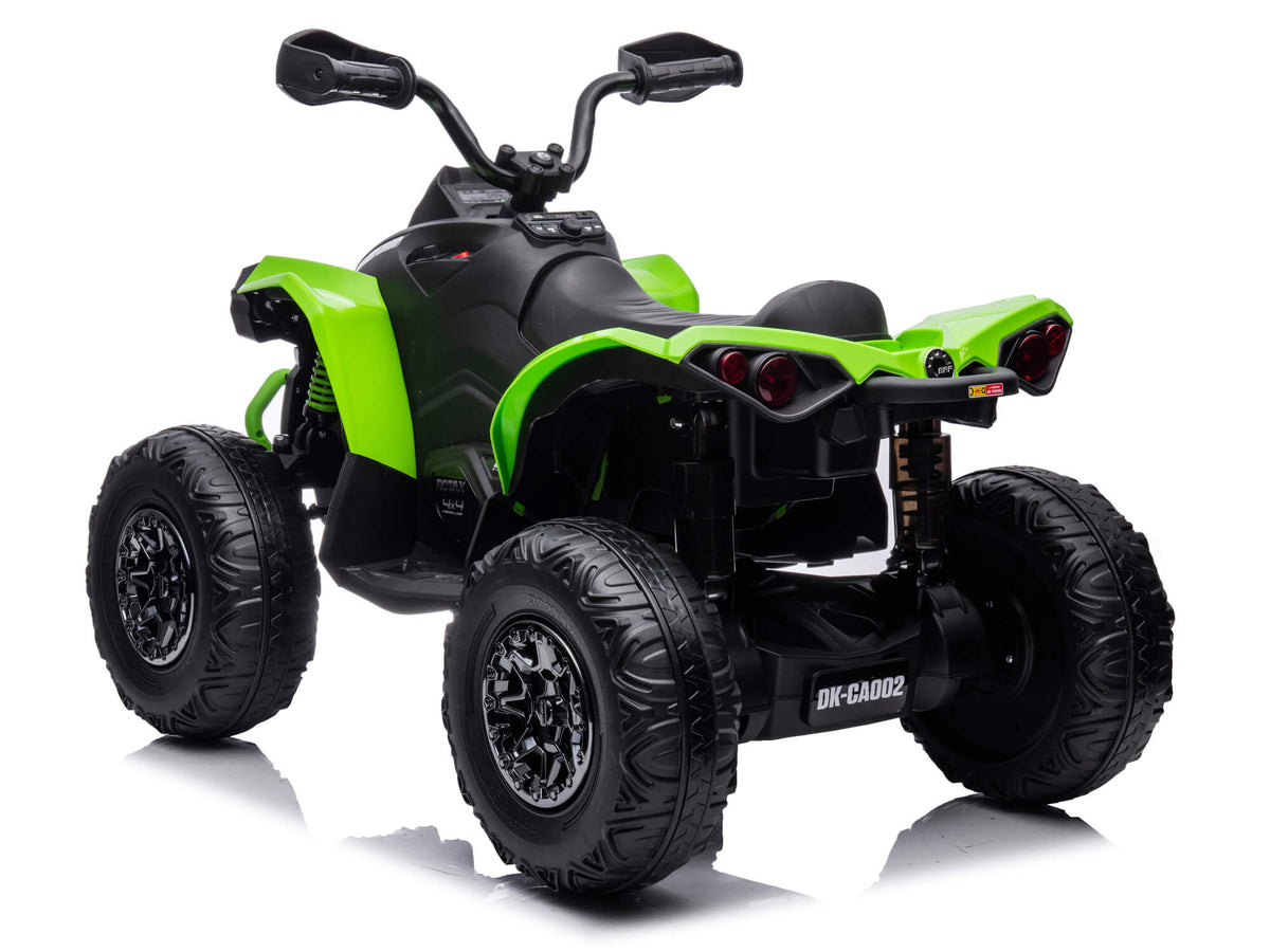 Green Can-Am Renegade 24V 4WD Kids Quad from the Rear Left with Tail Lights