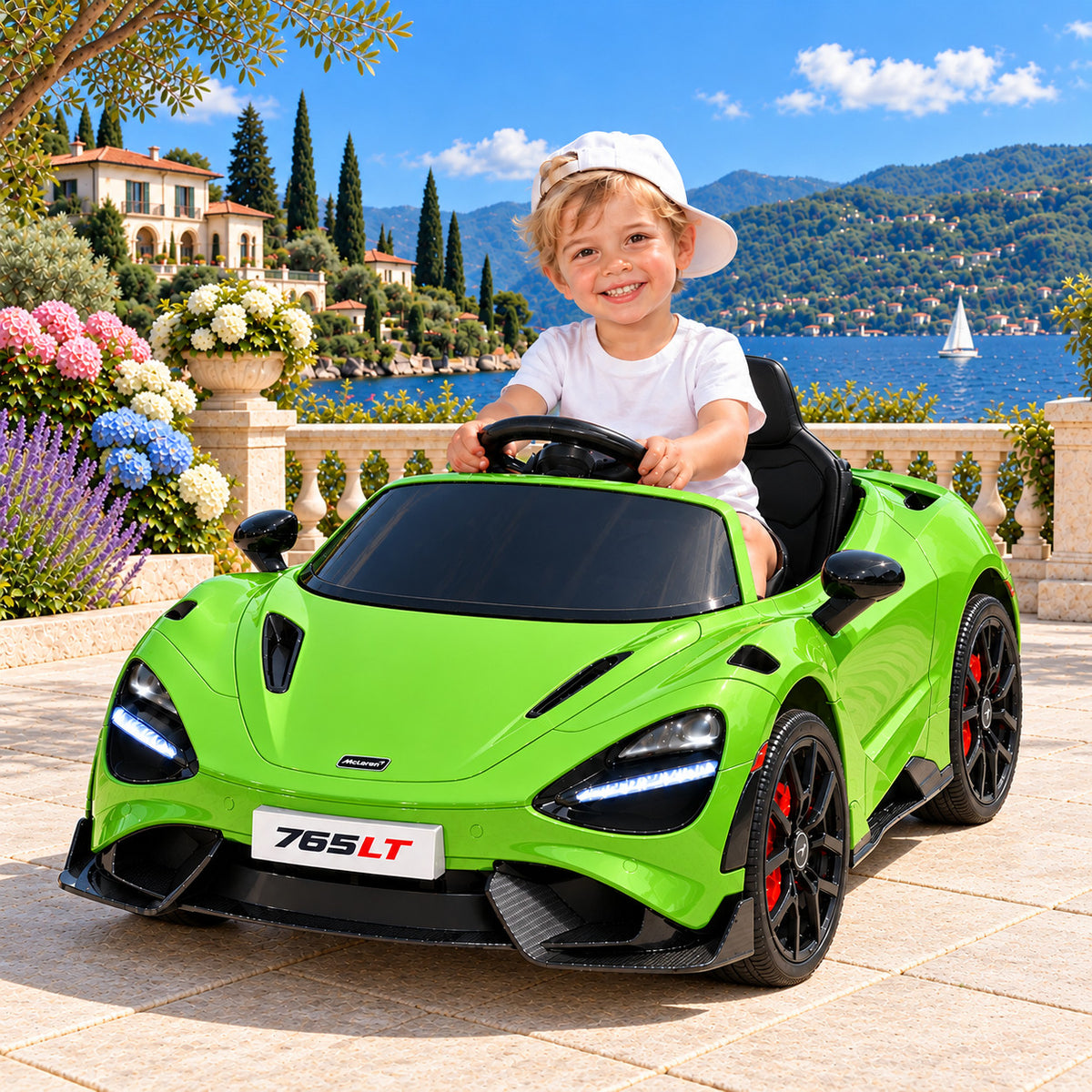 Green McLaren 765LT 12V Kids Ride-On Car with Parental Remote, Boy Driving on a Lakeside Villa Terrace