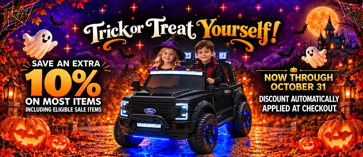 Halloween Sale Banner: Kids in Costumes Ride a Black Ford F450 24V Kids Ride-On Truck, Extra 10% Off Most Items