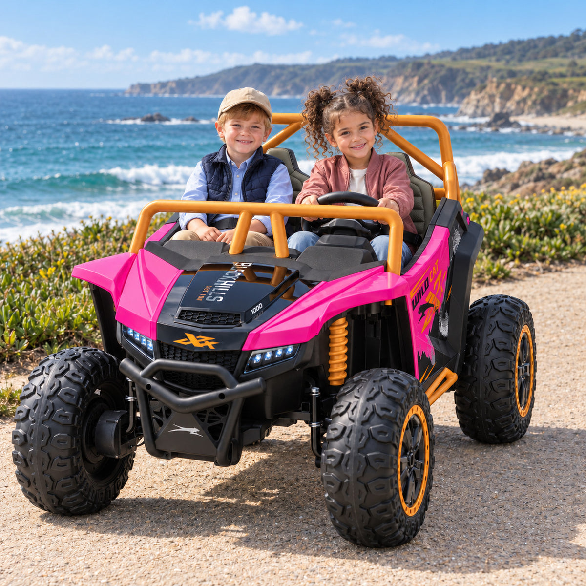 Pink Arctic Cat XL 24V 4WD Two Seat Kids UTV Side by Side, Lifestyle Photo of Two Kids Riding by the Ocean