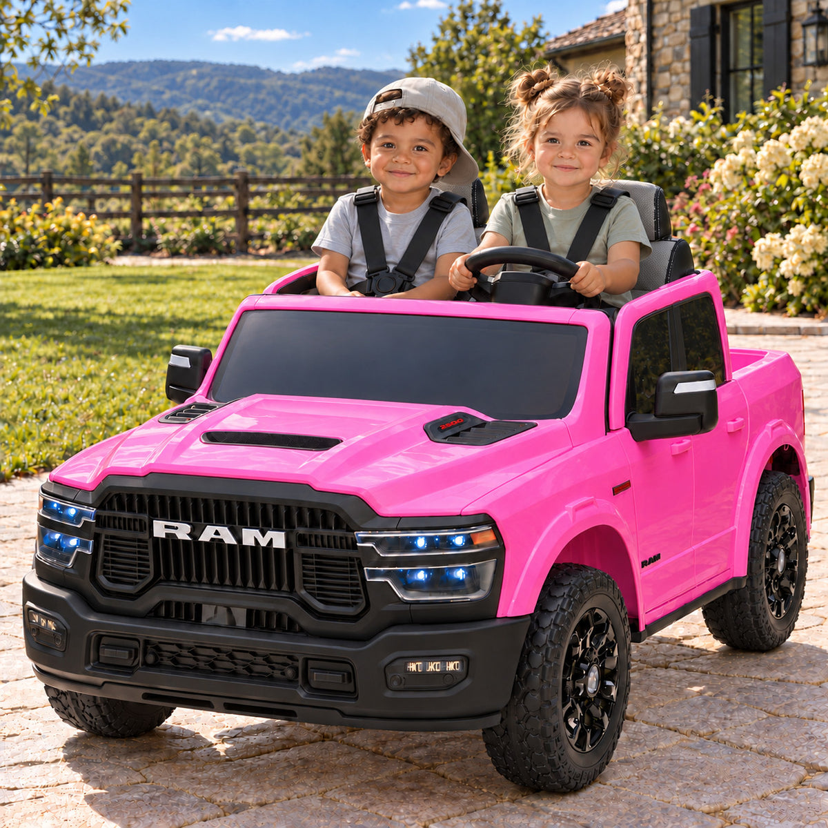 Pink Dodge Ram 2500 Rebel 24V Kids 2 Seater Ride-On Truck, Girl and Boy Driving on a Driveway