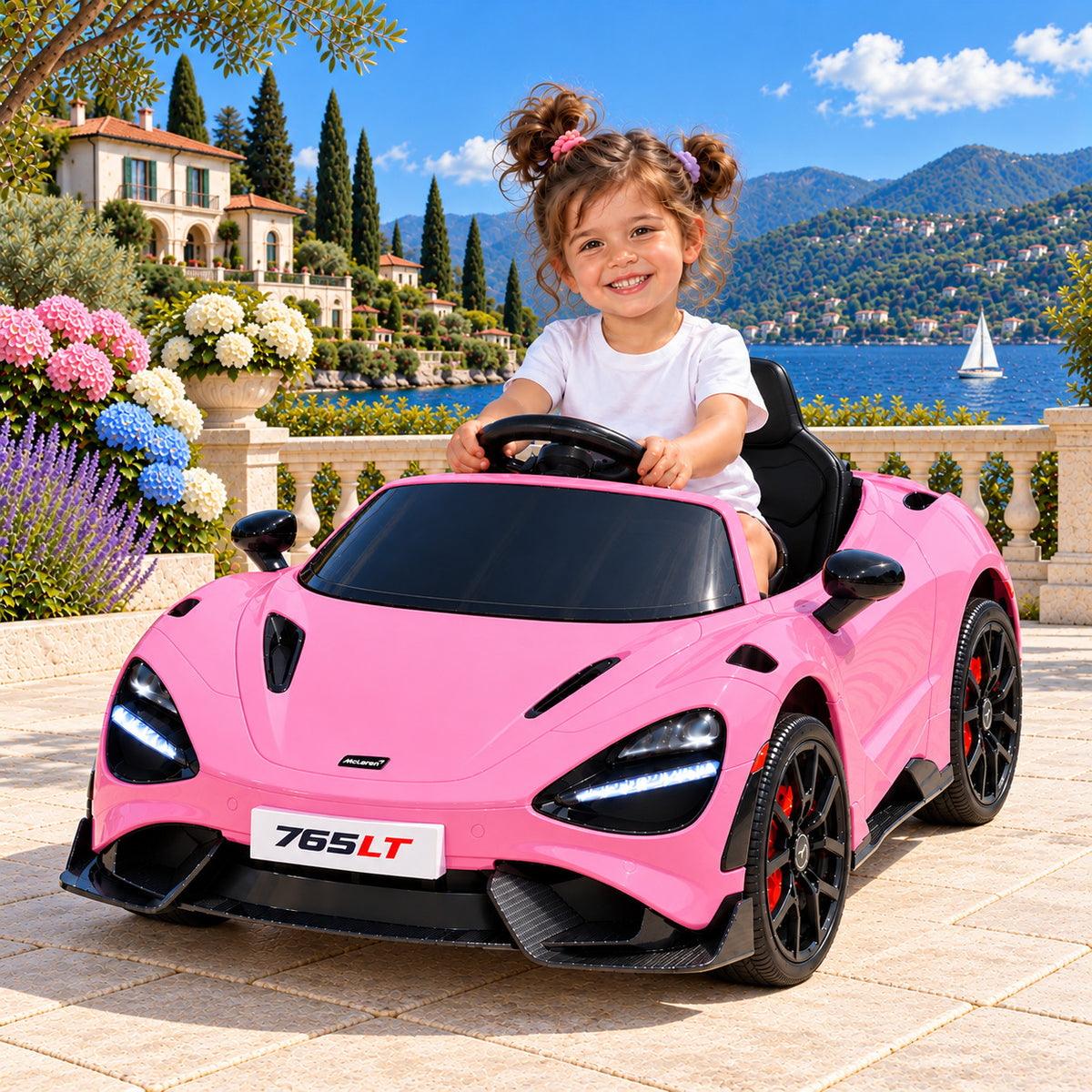 Pink McLaren 765LT 12V Kids Ride-On Car with Parental Remote, Girl Driving on a Lakeside Villa Terrace