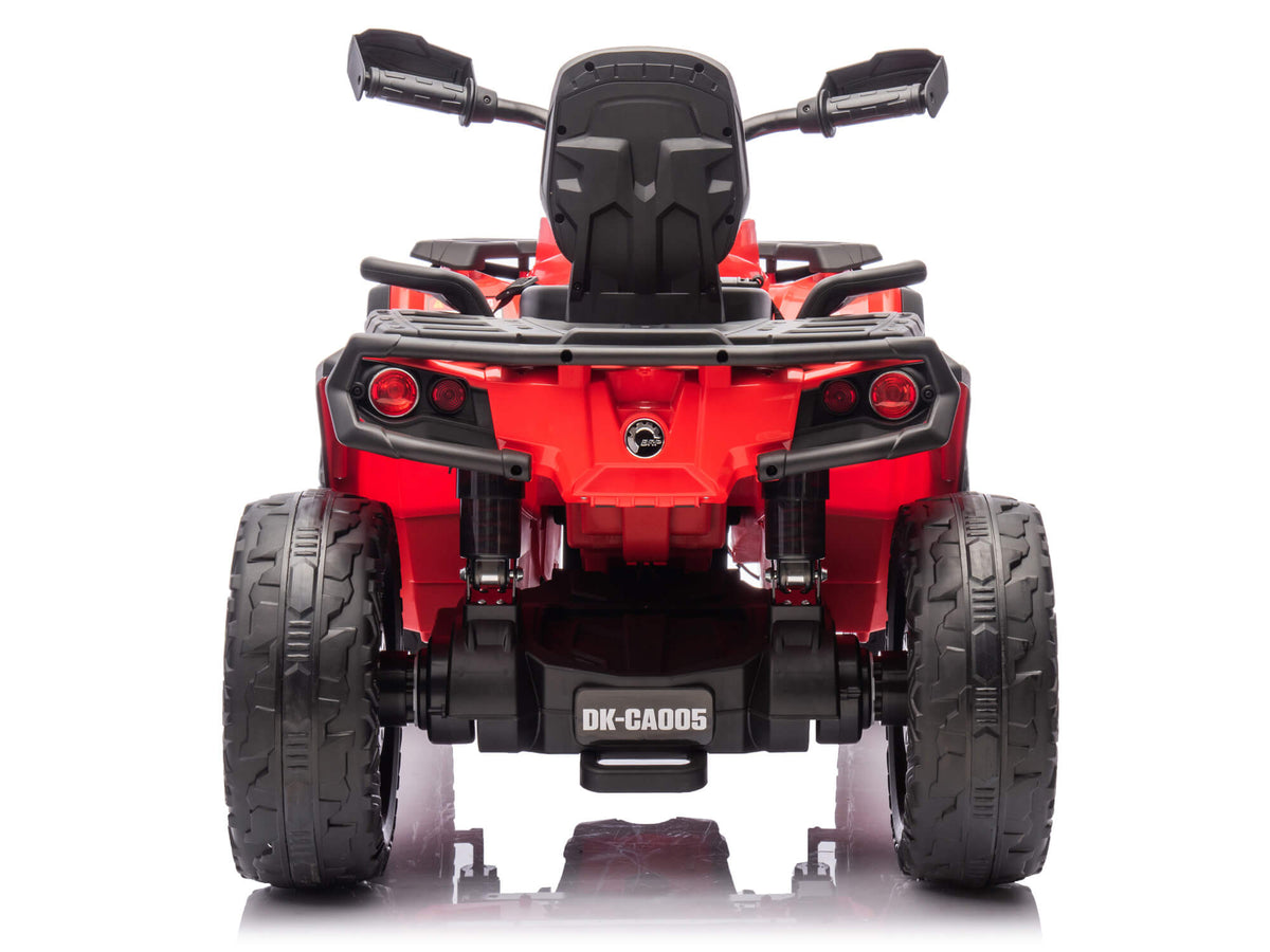 Rear View of the Red Can-Am Outlander Kids Quad with Passenger Backrest