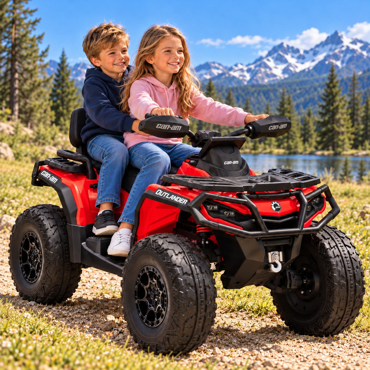 Red Can-Am Outlander 24V Kids 4 Wheeler – A Boy and Girl Riding the Two-Seater Ride-On ATV by a Mountain Lake