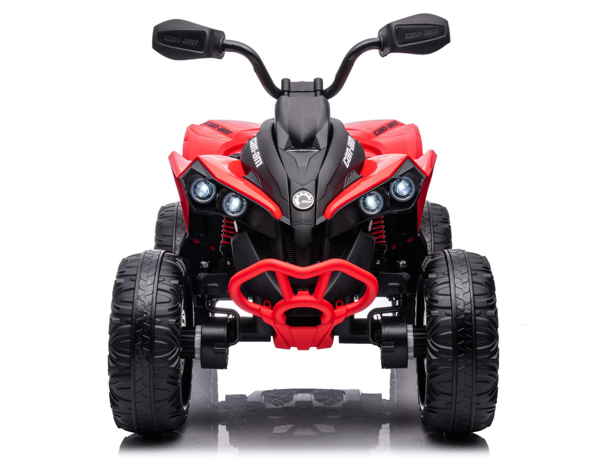 Red Can-Am Renegade 24V Kids Ride-On ATV Head-On with LED Headlights On