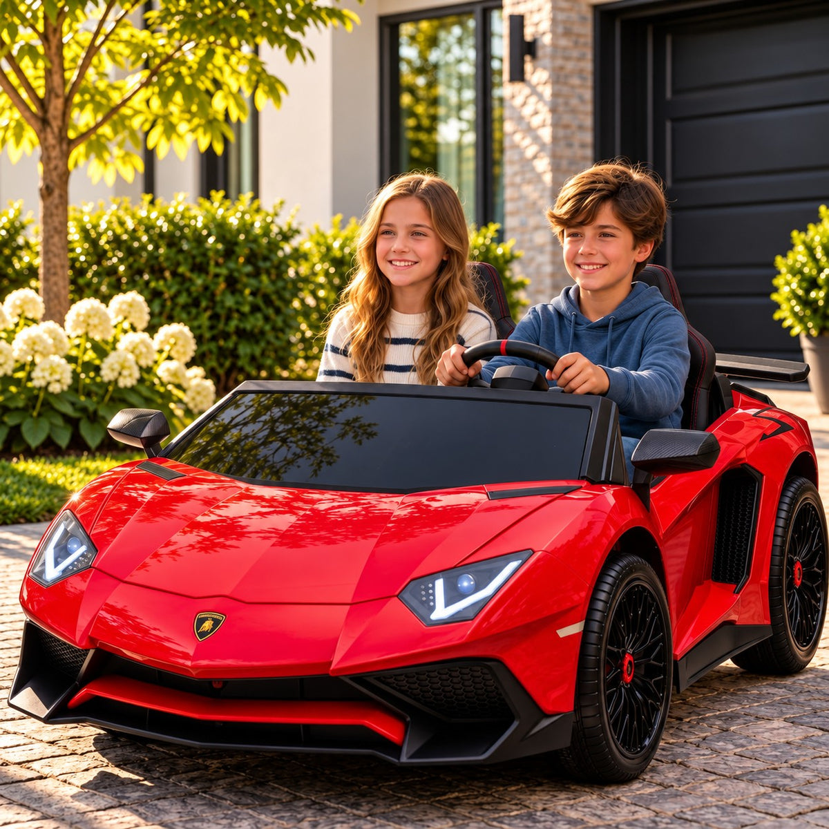 Red Lamborghini Aventador XXL 24V Two Seat Ride-On Car for Big Kids Lifestyle, Boy and Girl Driving in Front of the Garage