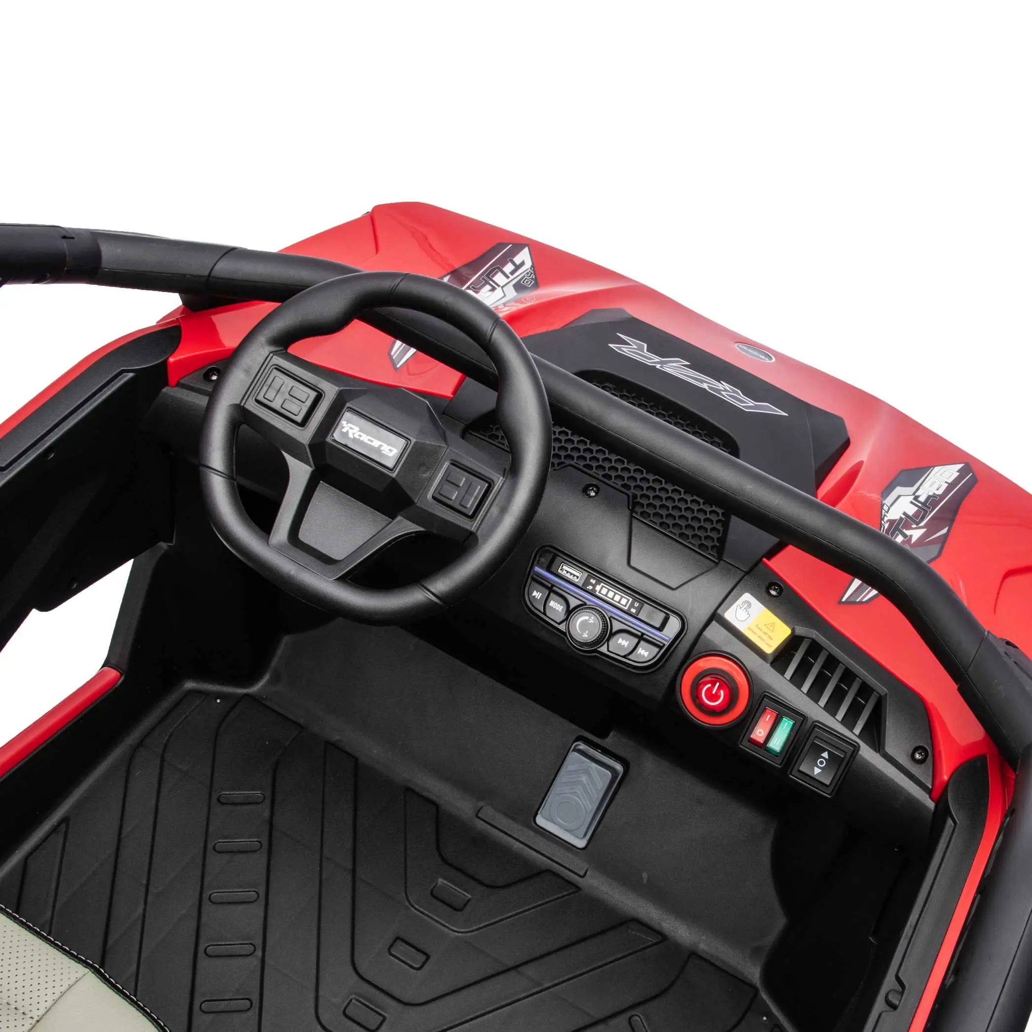 Red Trail Runner 24V 4WD kids electric ride-on UTV, interior legroom view with LED headlights, dashboard and dual seats