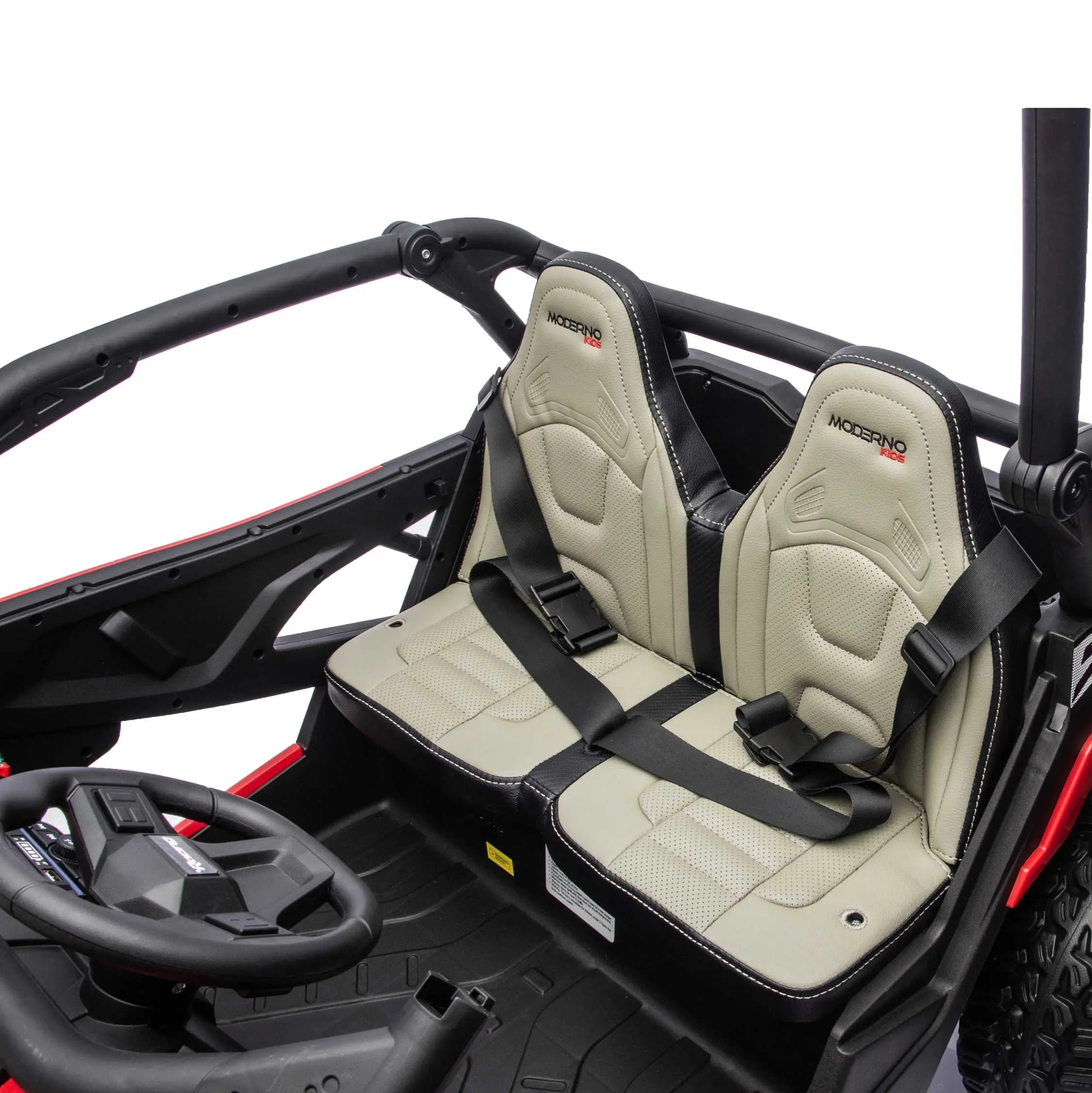 Red Trail Runner 24V 4WD kids electric ride-on UTV, interior view with LED headlights and dual seats