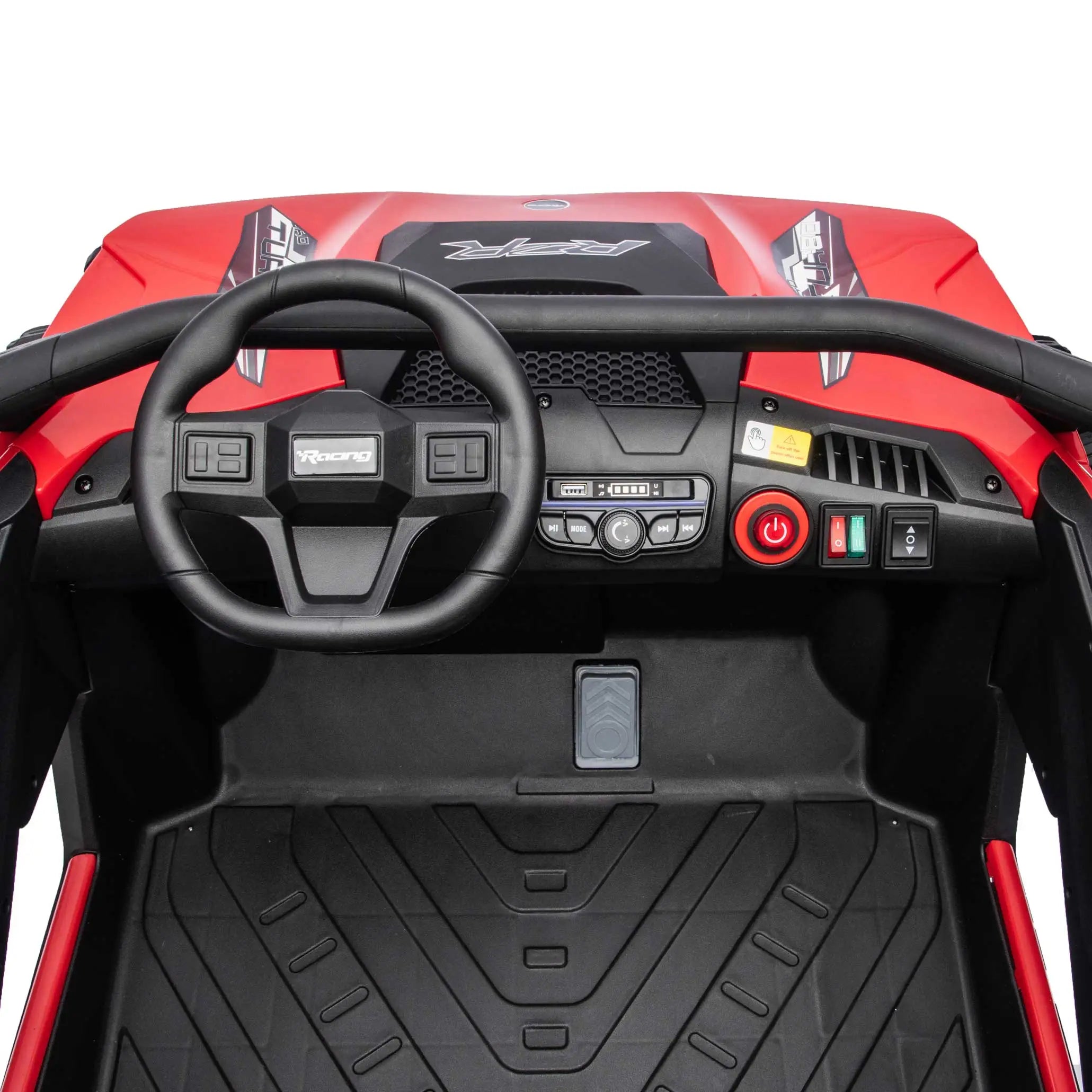 Red Trail Runner 24V 4WD kids electric ride-on UTV, interior dashboard view with LED headlights and dual seats