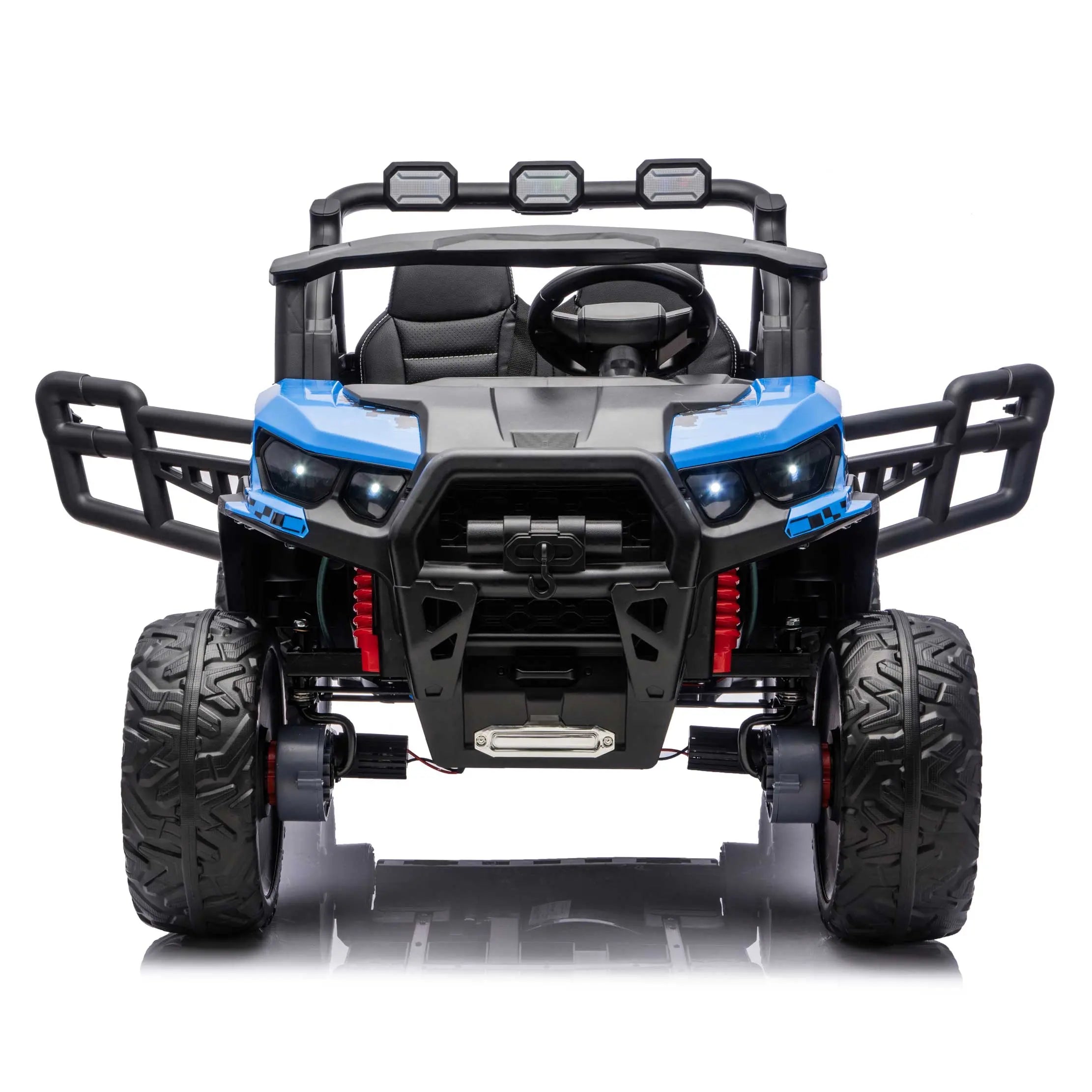Blue Trail Rider 24V 4WD kids electric ride-on UTV, front view with LED headlights and dual seats