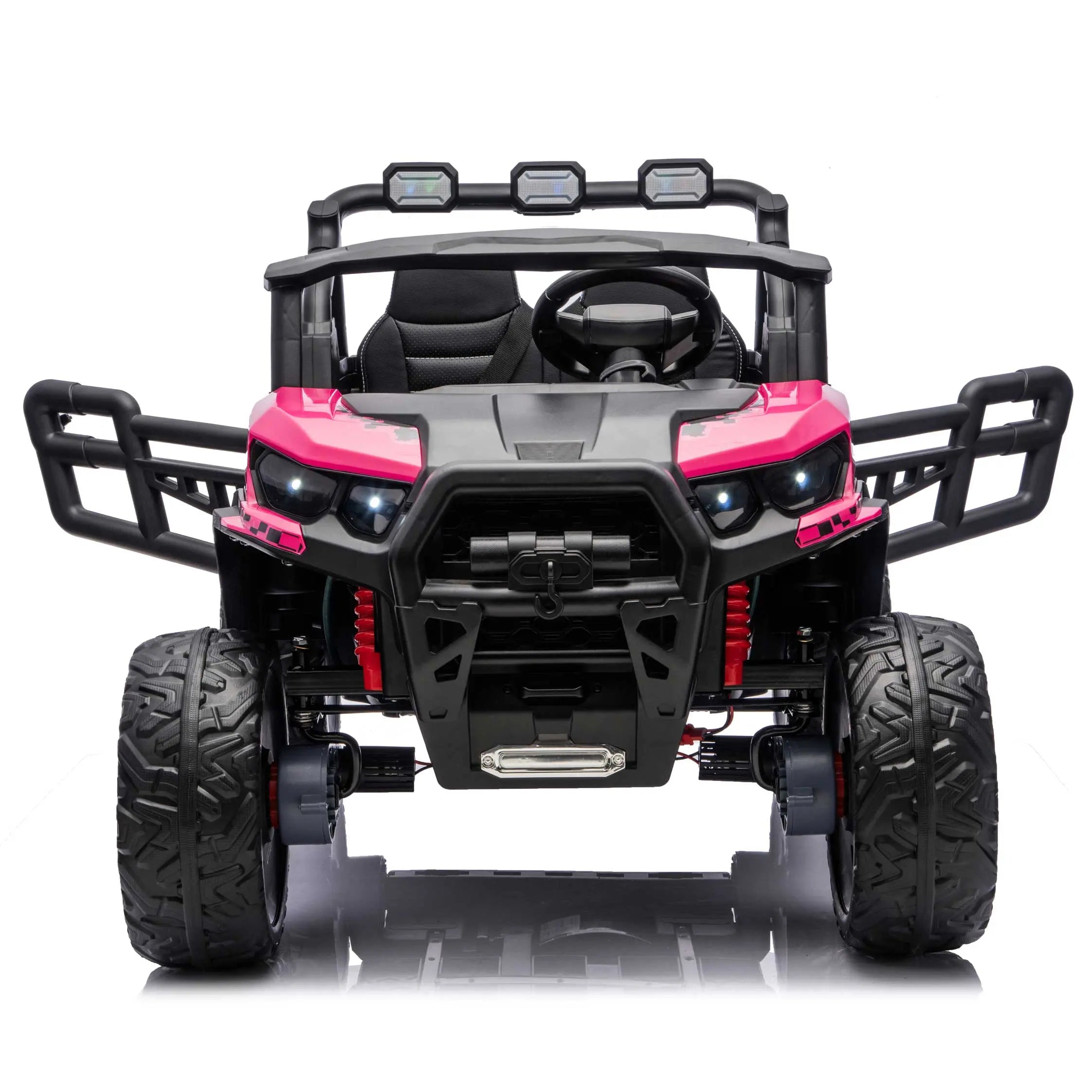 Pink Trail Rider 24V 4WD kids electric ride-on UTV, front view with LED headlights and dual seats