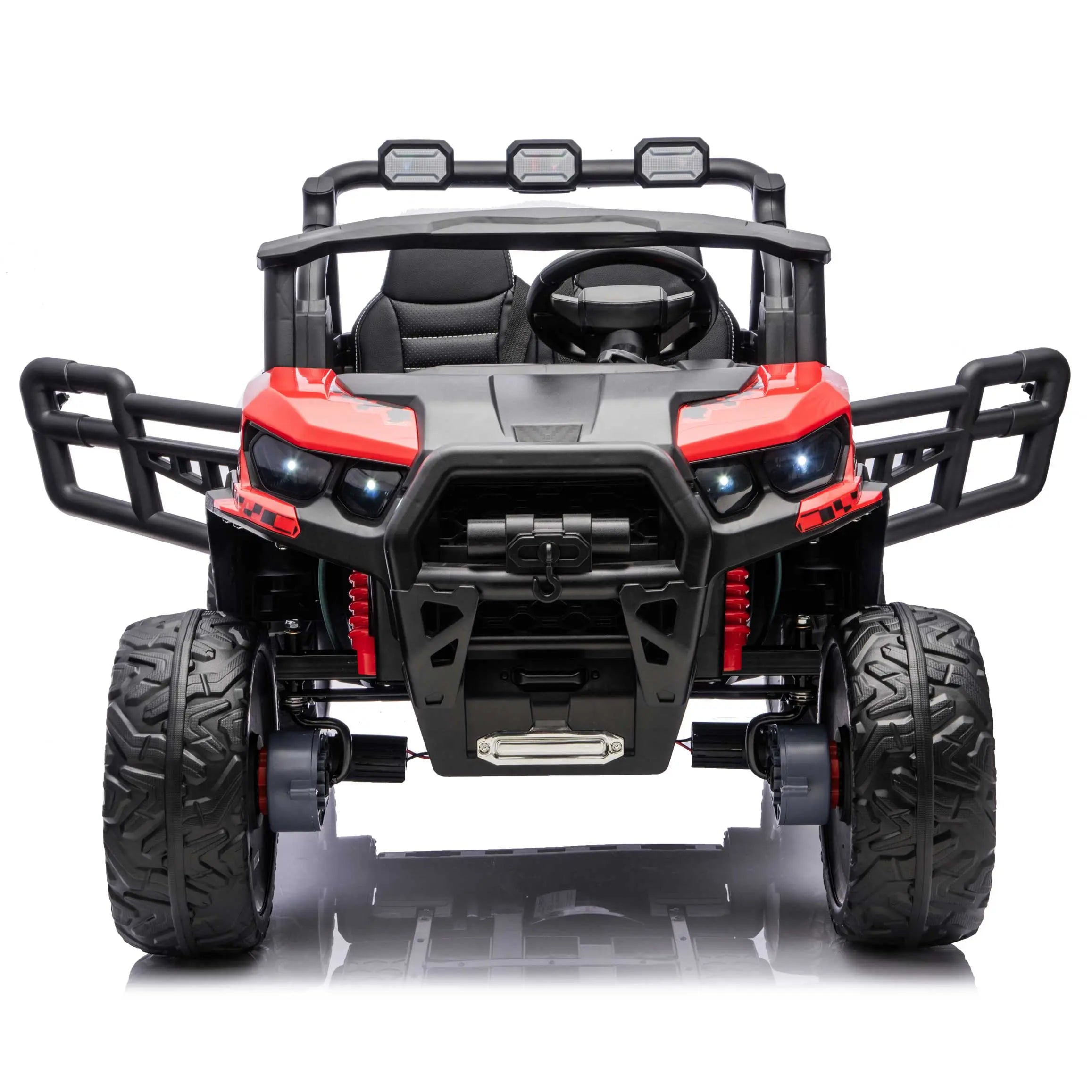 Red Trail Rider 24V 4WD kids electric ride-on UTV, front view with LED headlights and dual seats