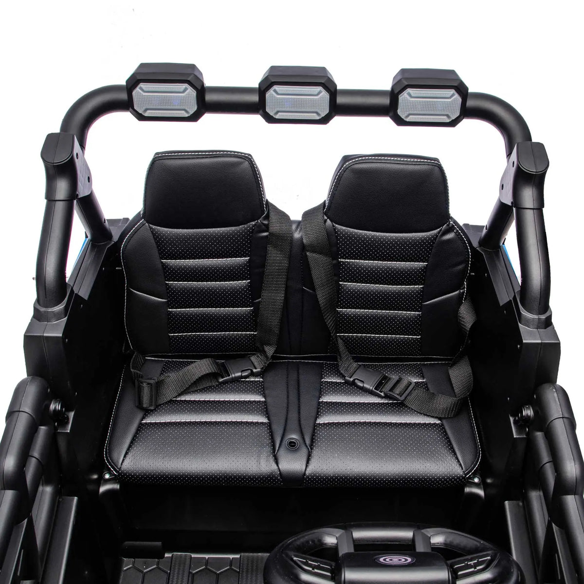 Vegan Leather Seats with Dual Seat Belts in the Trail Rider 24V 4WD Kids Ride-On, Top View
