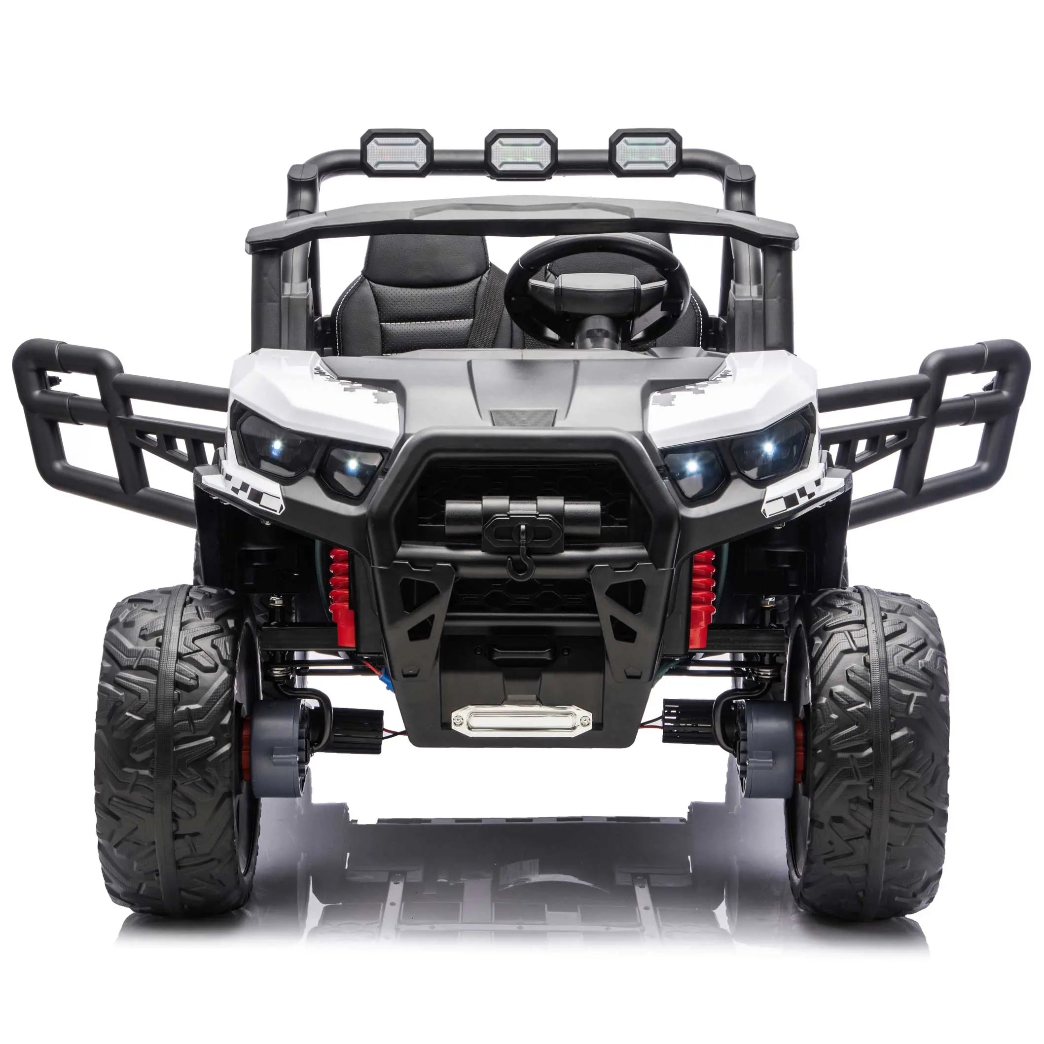 White Trail Rider 24V 4WD kids electric ride-on UTV, front view with LED headlights and dual seats