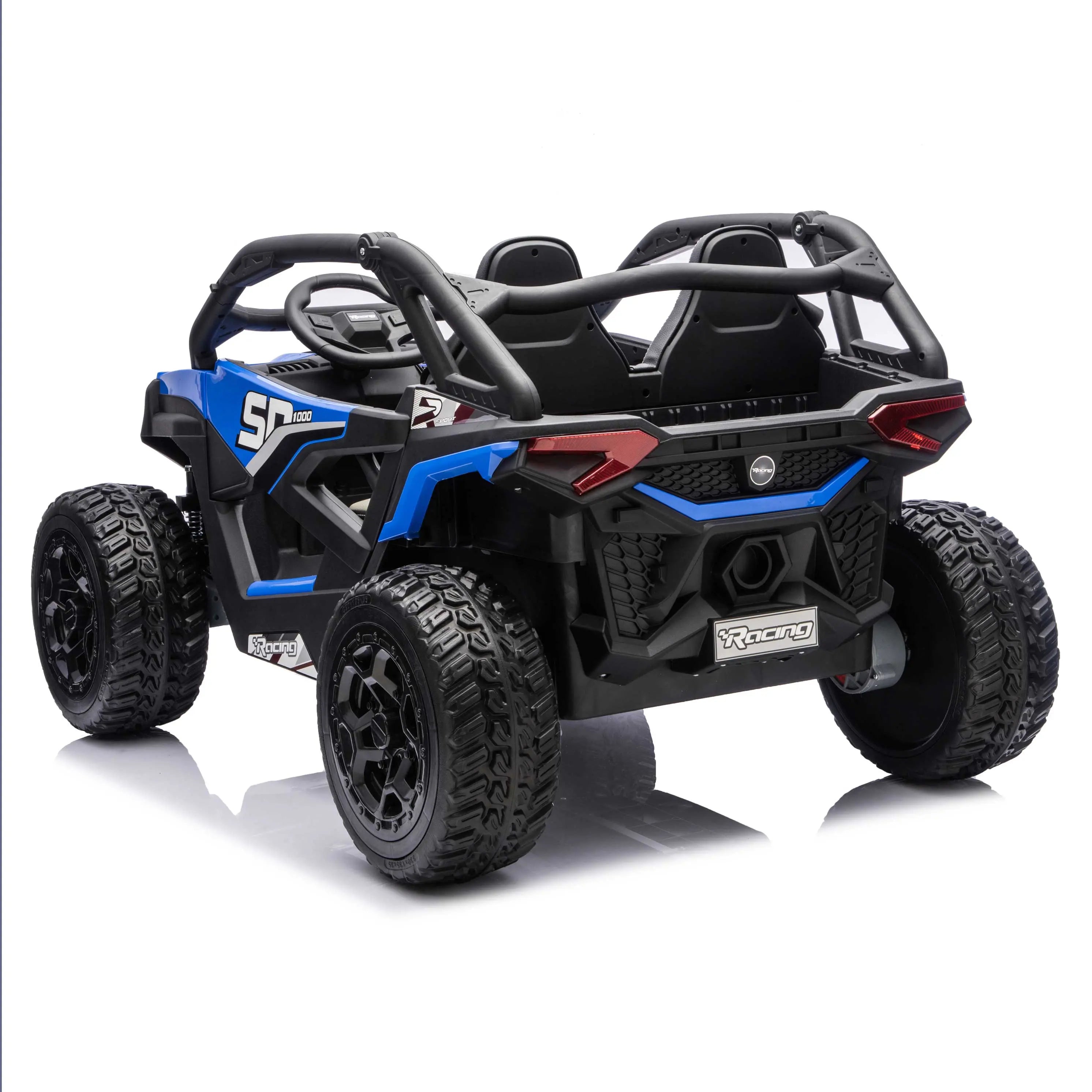 Blue Trail Runner 24V 4WD kids electric ride-on UTV, back left view with LED headlights and dual seats