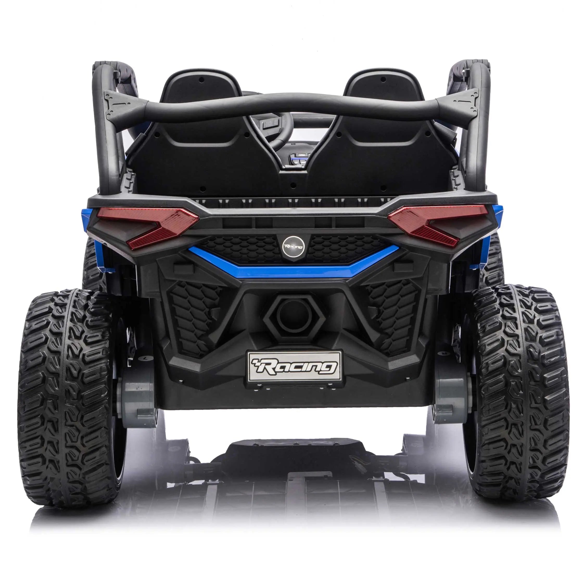 Blue Trail Runner 24V 4WD kids electric ride-on UTV, back view with LED headlights and dual seats