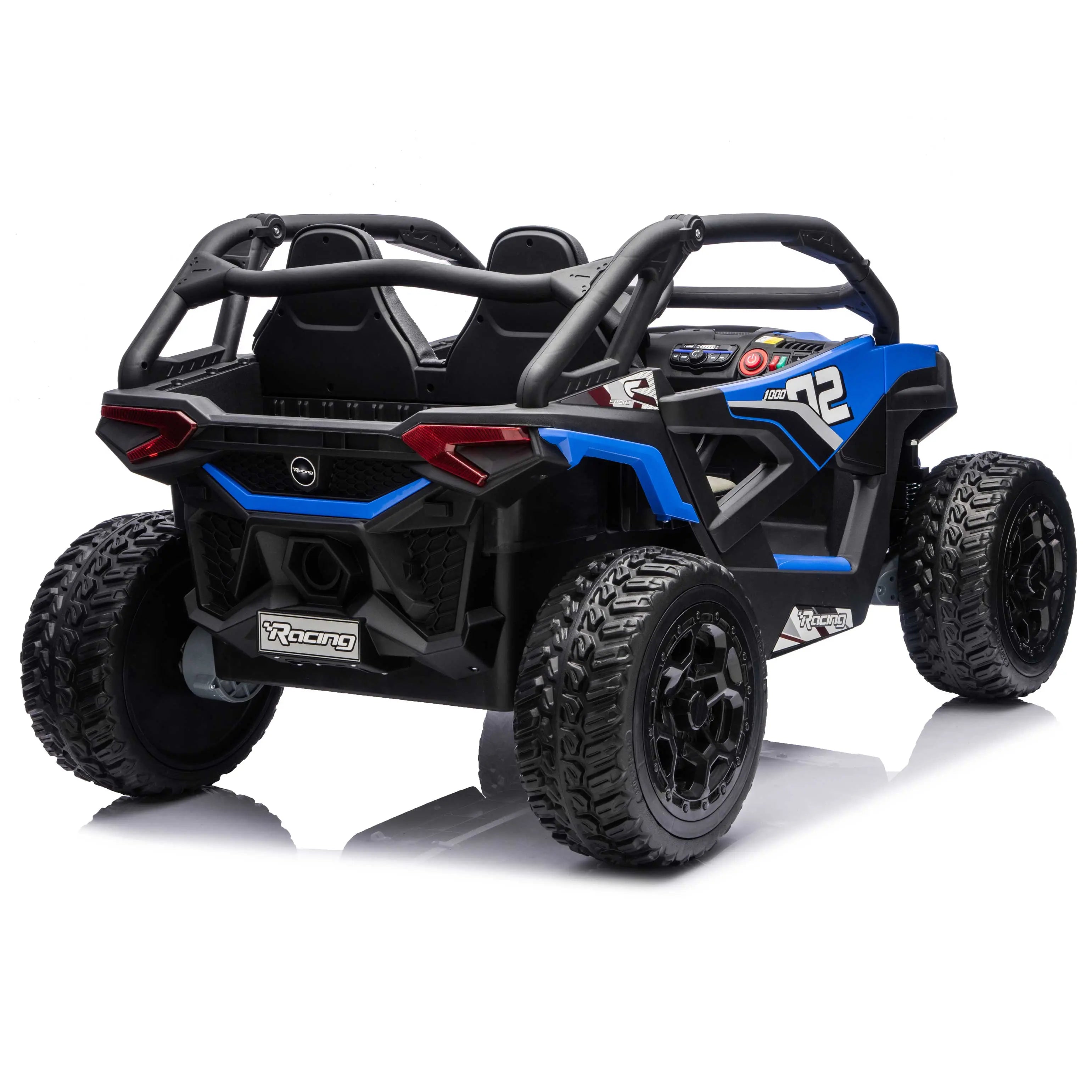 Blue Trail Runner 24V 4WD kids electric ride-on UTV, back right view with LED headlights and dual seats