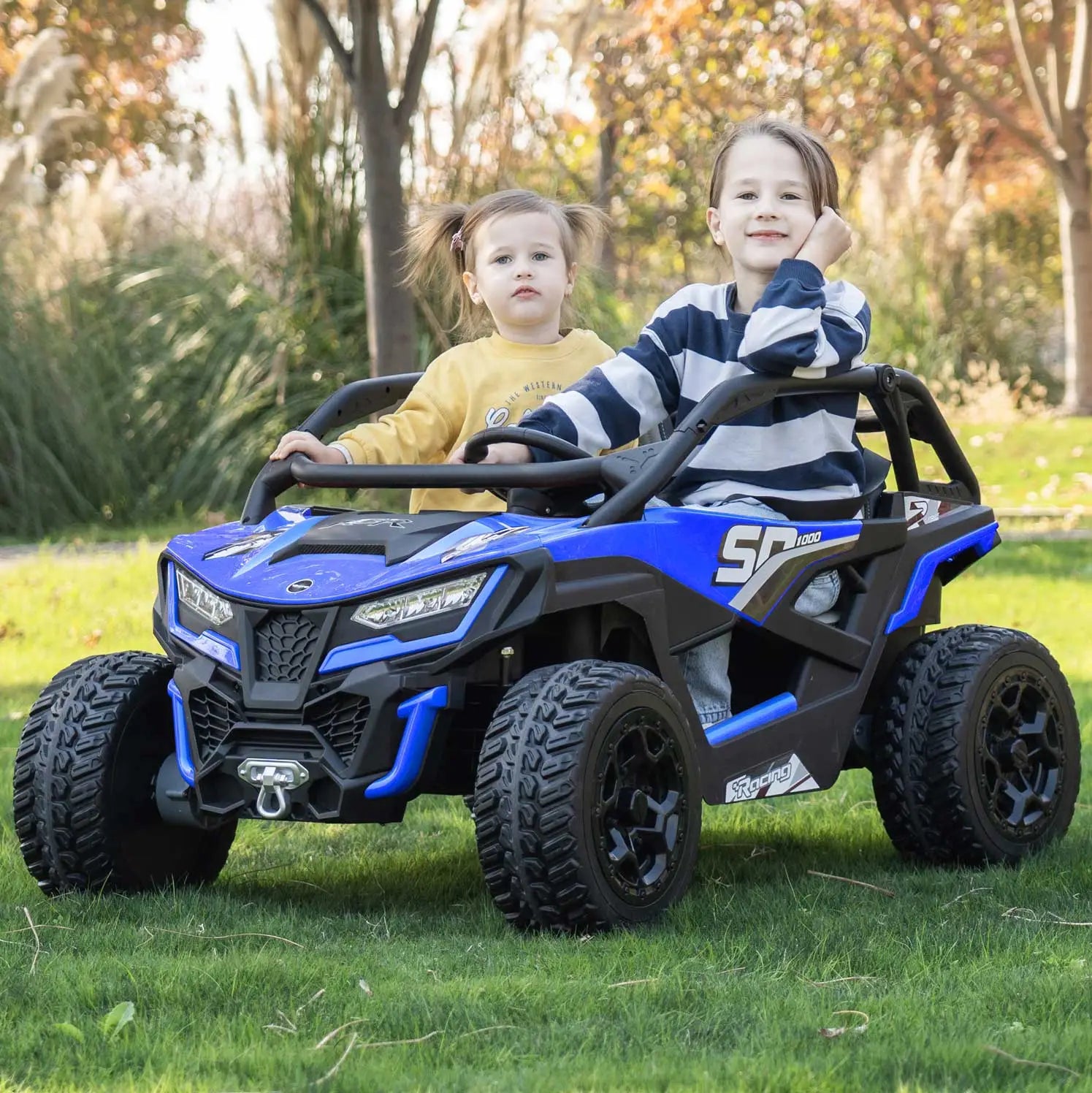 Blue Trail Runner 24V 4WD kids electric ride-on UTV, front view with LED headlights and dual seats